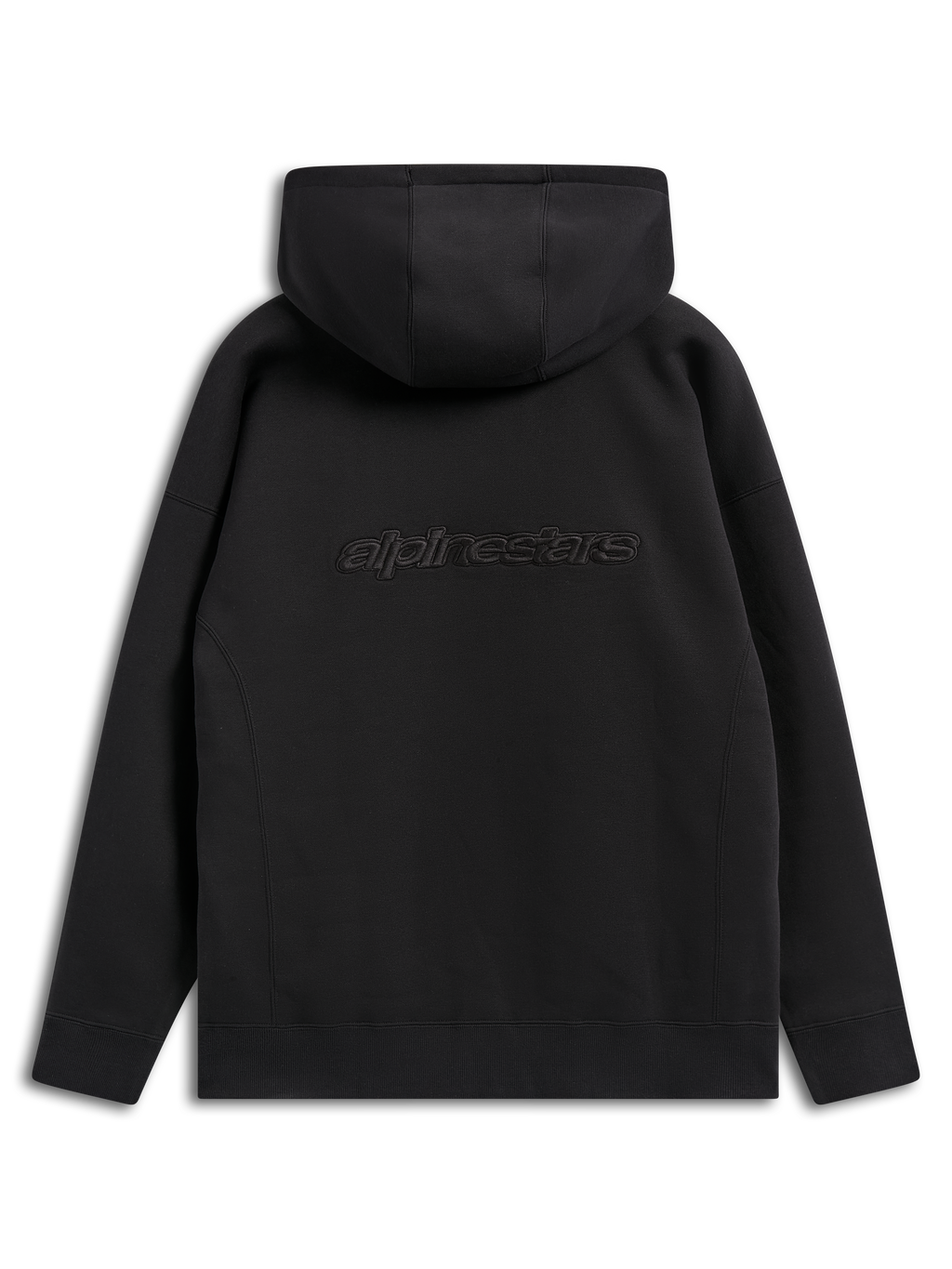 Bluza z kapturem Alpinestars Emergent Oversized, czarna bluza streetwear, widok z tyłu przedstawiający haftowany napis Alpinestars, krój oversized z kapturem i ściągaczem na dole