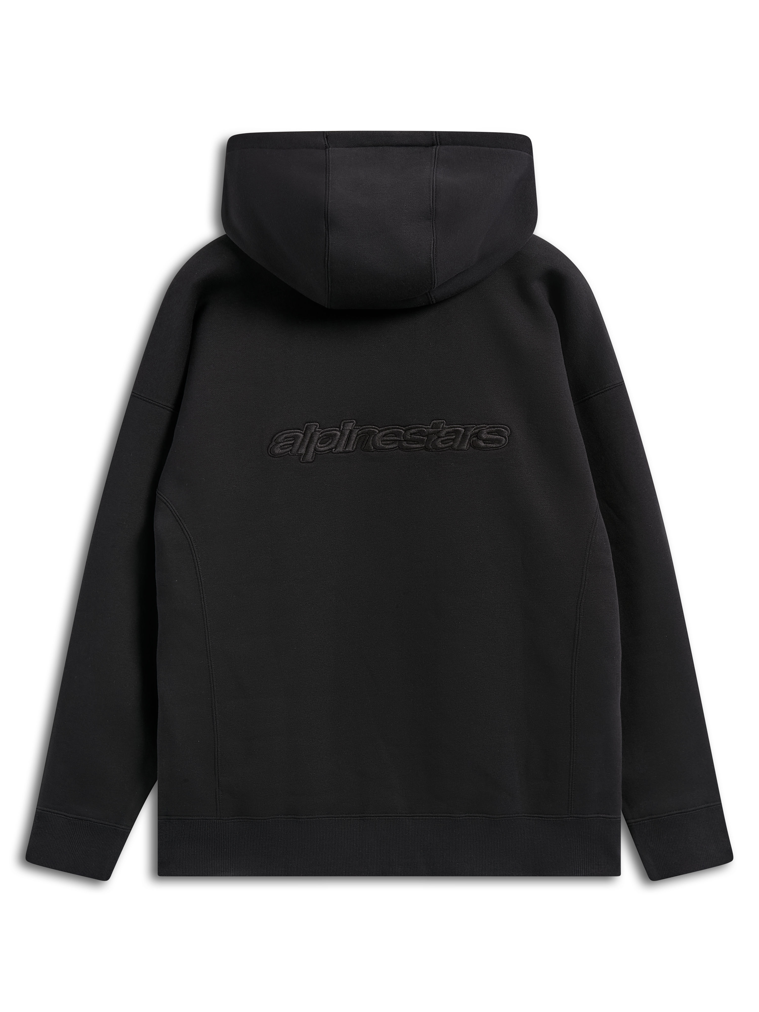 Bluza z kapturem Alpinestars Emergent Oversized, czarna bluza streetwear, widok z tyłu przedstawiający haftowany napis Alpinestars, krój oversized z kapturem i ściągaczem na dole