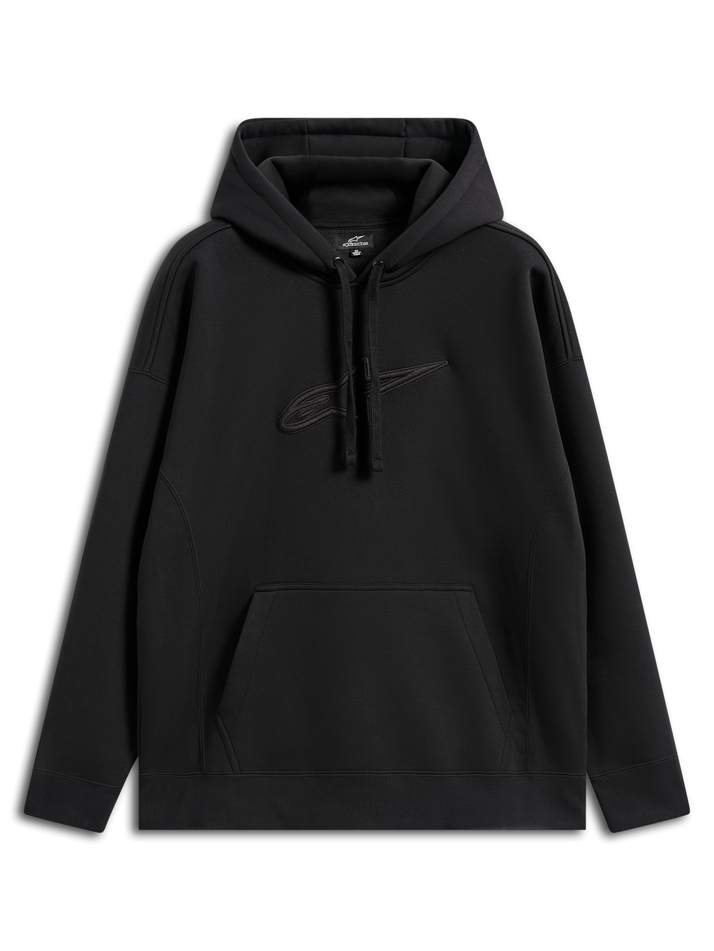 Alpinestars Emergent Oversized Hoodie, codzienna odzież streetwear, czarna z haftowanym logo Astars w tym samym kolorze, krój oversize, kaptur ze sznurkiem, kieszeń kangurka, nowoczesny design inspirowany sportami motorowymi