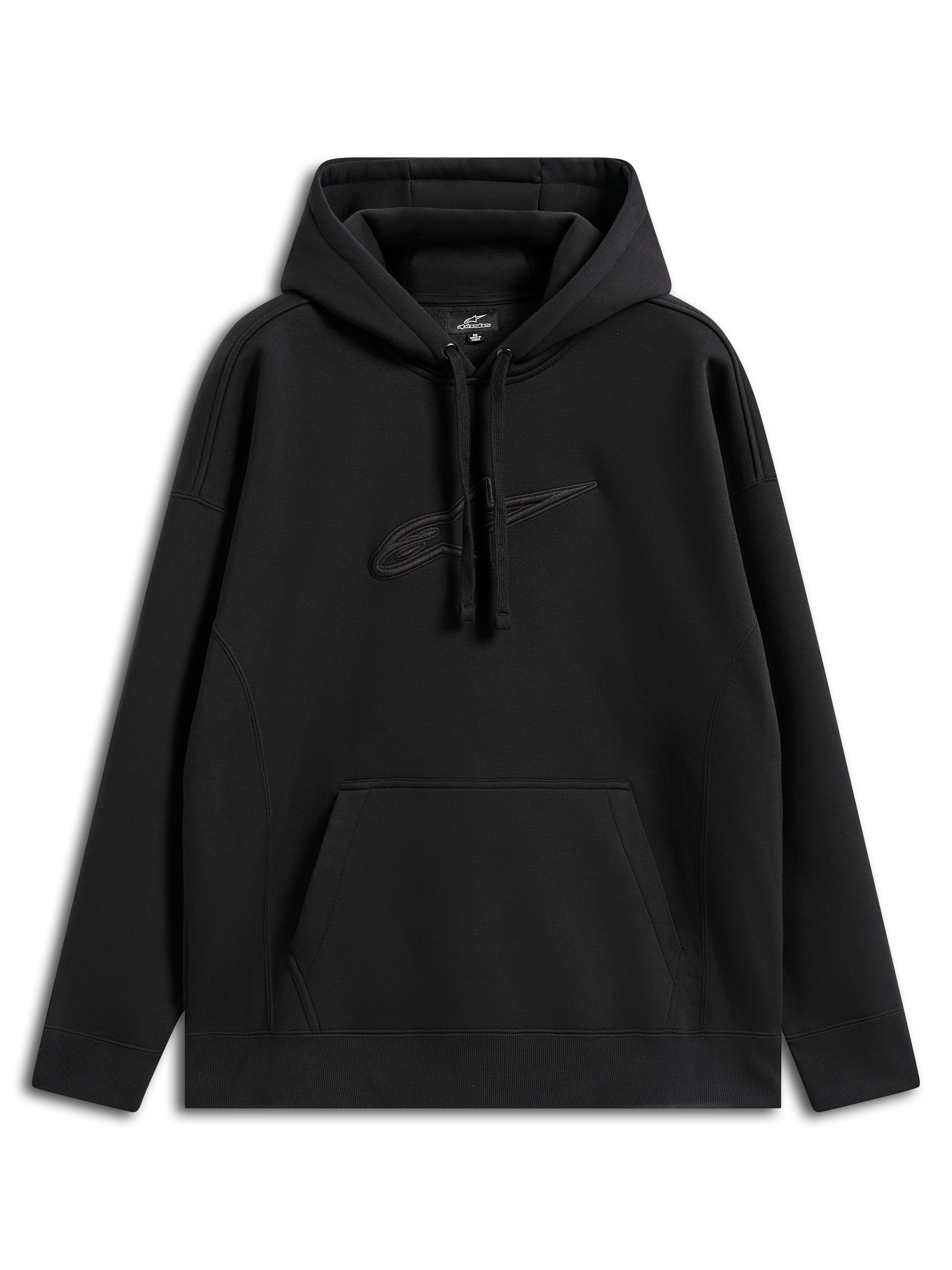 Alpinestars Emergent Oversized Hoodie, codzienna odzież streetwear, czarna z haftowanym logo Astars w tym samym kolorze, krój oversize, kaptur ze sznurkiem, kieszeń kangurka, nowoczesny design inspirowany sportami motorowymi