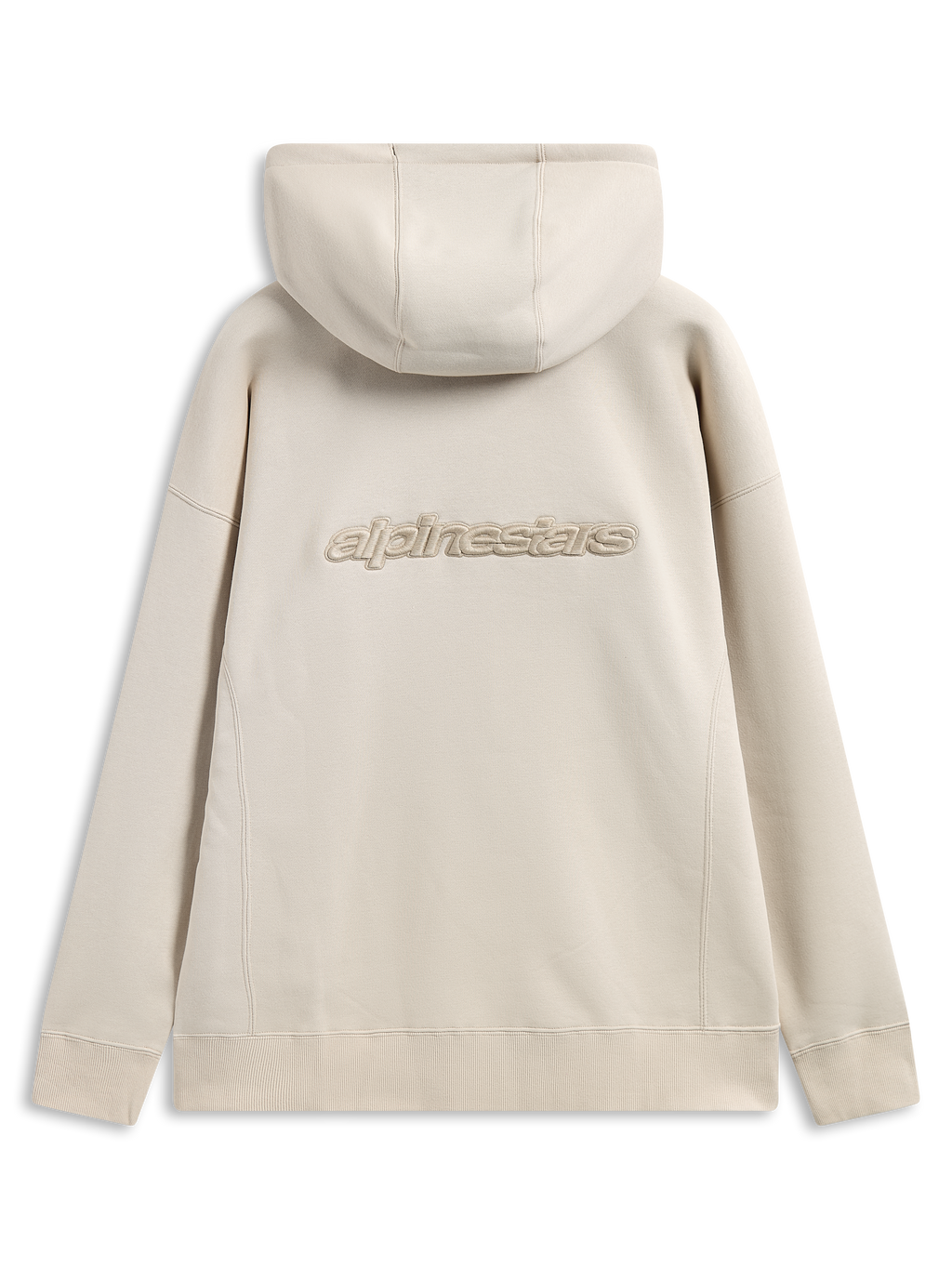 Bluza z kapturem Alpinestars Emergent Oversized, widok od tyłu, kolor piaskowy, haftowane logo 3D Alpinestars na środku pleców, krój oversize ze ściągaczami na mankietach i u dołu, casualowy styl streetwear