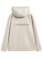 Bluza z kapturem Alpinestars Emergent Oversized, widok od tyłu, kolor piaskowy, haftowane logo 3D Alpinestars na środku pleców, krój oversize ze ściągaczami na mankietach i u dołu, casualowy styl streetwear