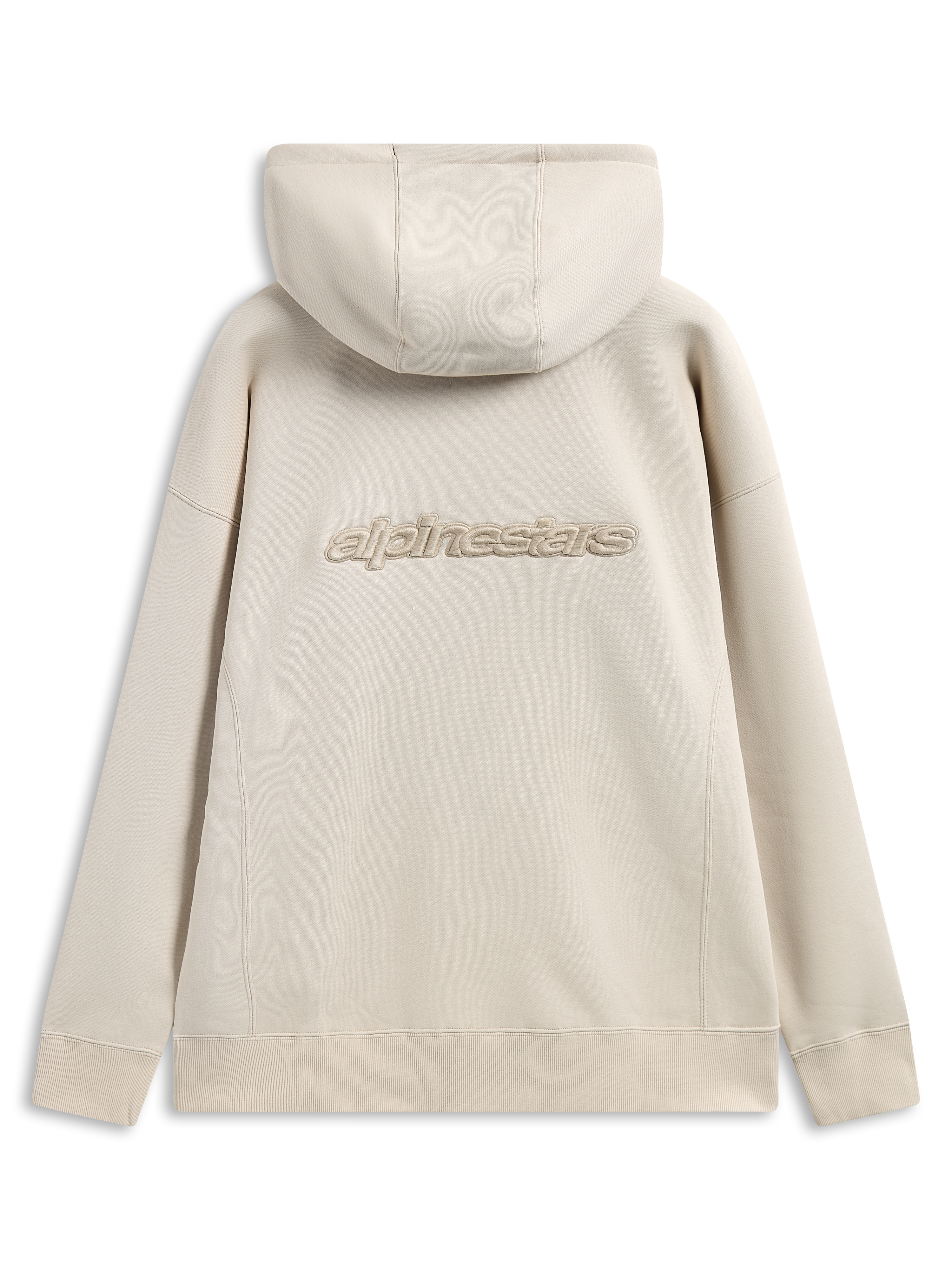 Bluza z kapturem Alpinestars Emergent Oversized, widok od tyłu, kolor piaskowy, haftowane logo 3D Alpinestars na środku pleców, krój oversize ze ściągaczami na mankietach i u dołu, casualowy styl streetwear