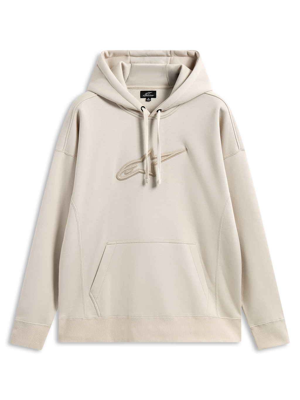 Alpinestars Emergent Oversized Hoodie, codzienna odzież streetwear w stylu motorsport, kolor piaskowy z wyszywanym logo Astars 3D w tym samym odcieniu, kaptur ze sznurkiem, kieszeń kangurka, luźny krój typu oversized