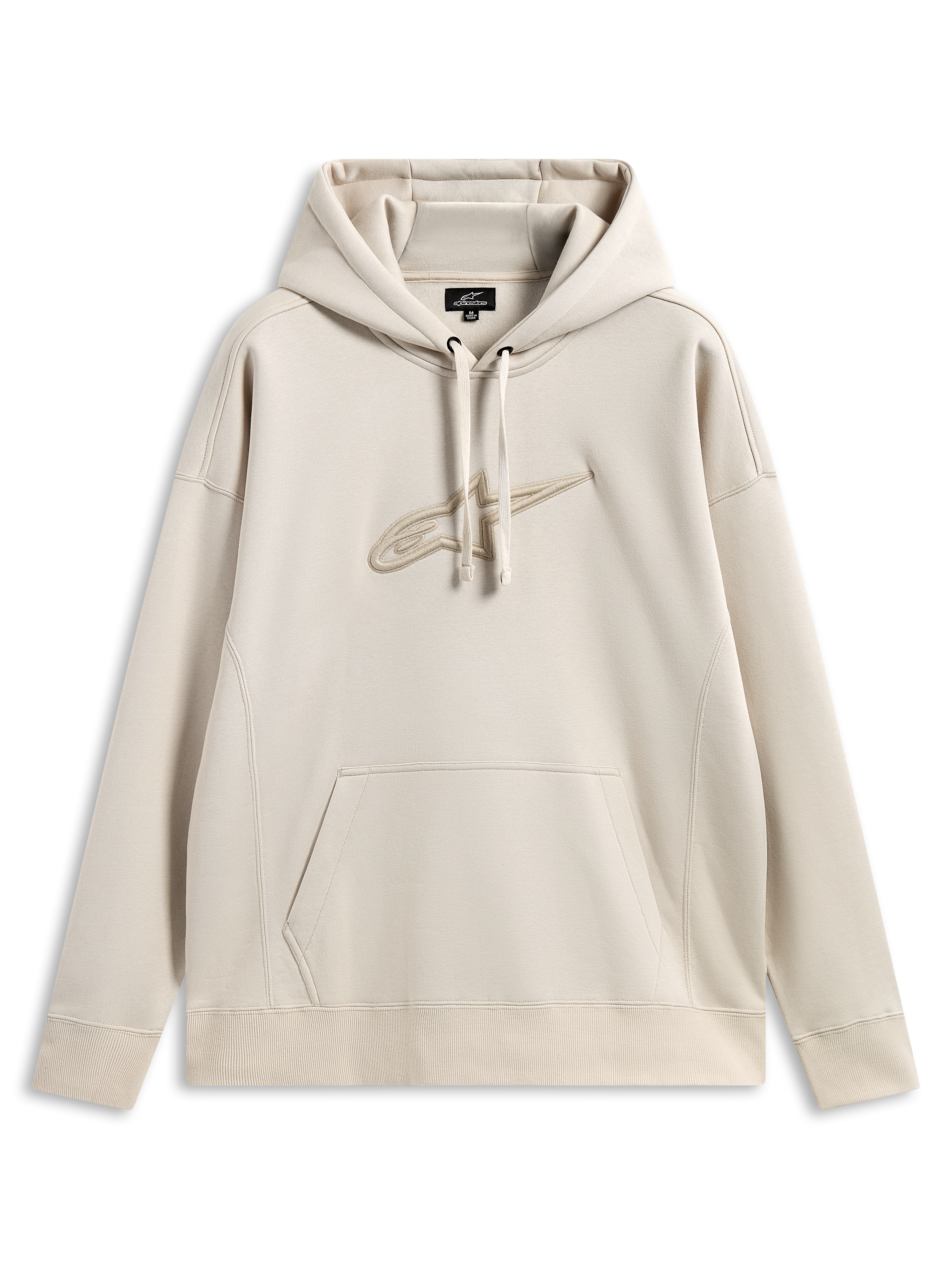 Alpinestars Emergent Oversized Hoodie, codzienna odzież streetwear w stylu motorsport, kolor piaskowy z wyszywanym logo Astars 3D w tym samym odcieniu, kaptur ze sznurkiem, kieszeń kangurka, luźny krój typu oversized