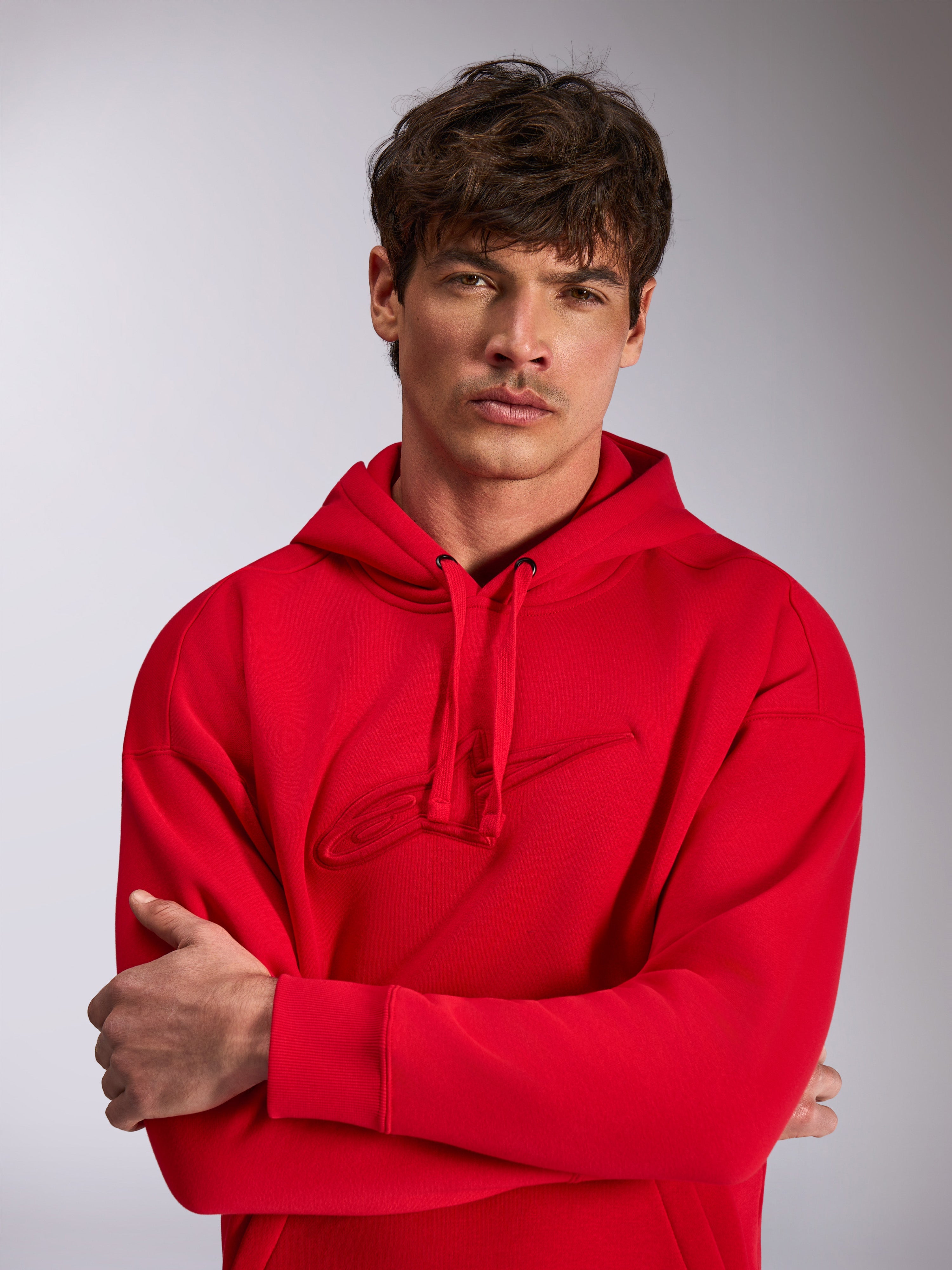 Alpinestars Emergent Oversized Hoodie, red pullover fleece hoodie, featuring tonal 3D embroidered logo on chest, drawstring hood, ribbed cuffs, oversized fit casual streetwear