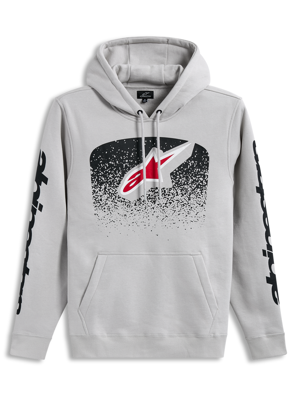 Alpinestars Obsessed Hoodie, szara sportowa bluza z kapturem, logo MX z gradacją i czarne grafiki na rękawach.