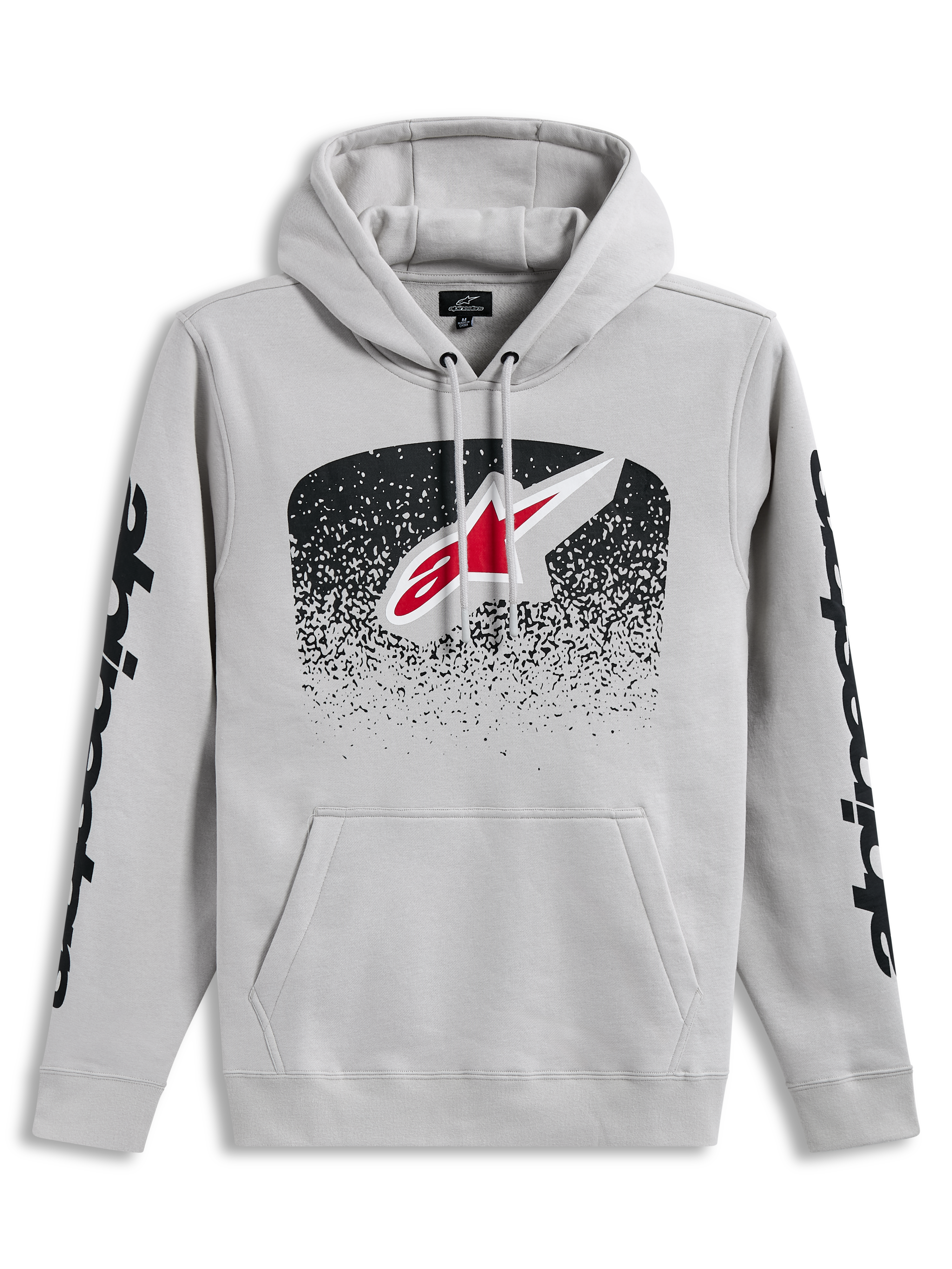Alpinestars Obsessed Hoodie, szara sportowa bluza z kapturem, logo MX z gradacją i czarne grafiki na rękawach.