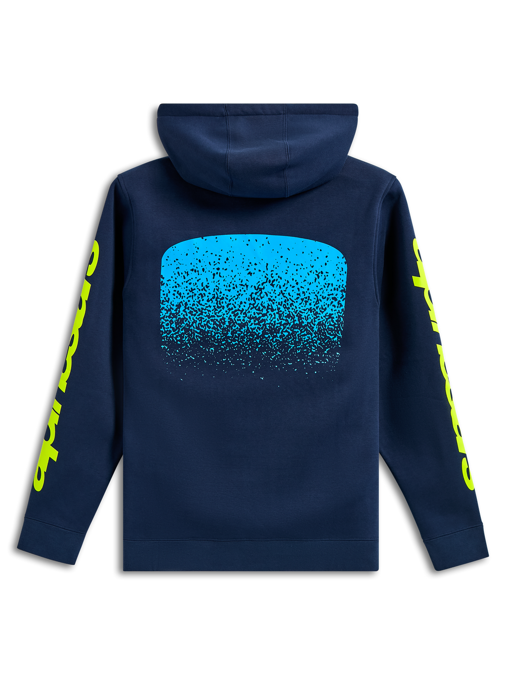Alpinestars Obsessed Hoodie, widok od tyłu, granatowa, jasnoniebieska grafika z gradacją MX na plecach, żółte napisy Alpinestars na rękawach, codzienna odzież motorsportowa typu streetwear