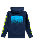 Alpinestars Obsessed Hoodie, widok od tyłu, granatowa, jasnoniebieska grafika z gradacją MX na plecach, żółte napisy Alpinestars na rękawach, codzienna odzież motorsportowa typu streetwear