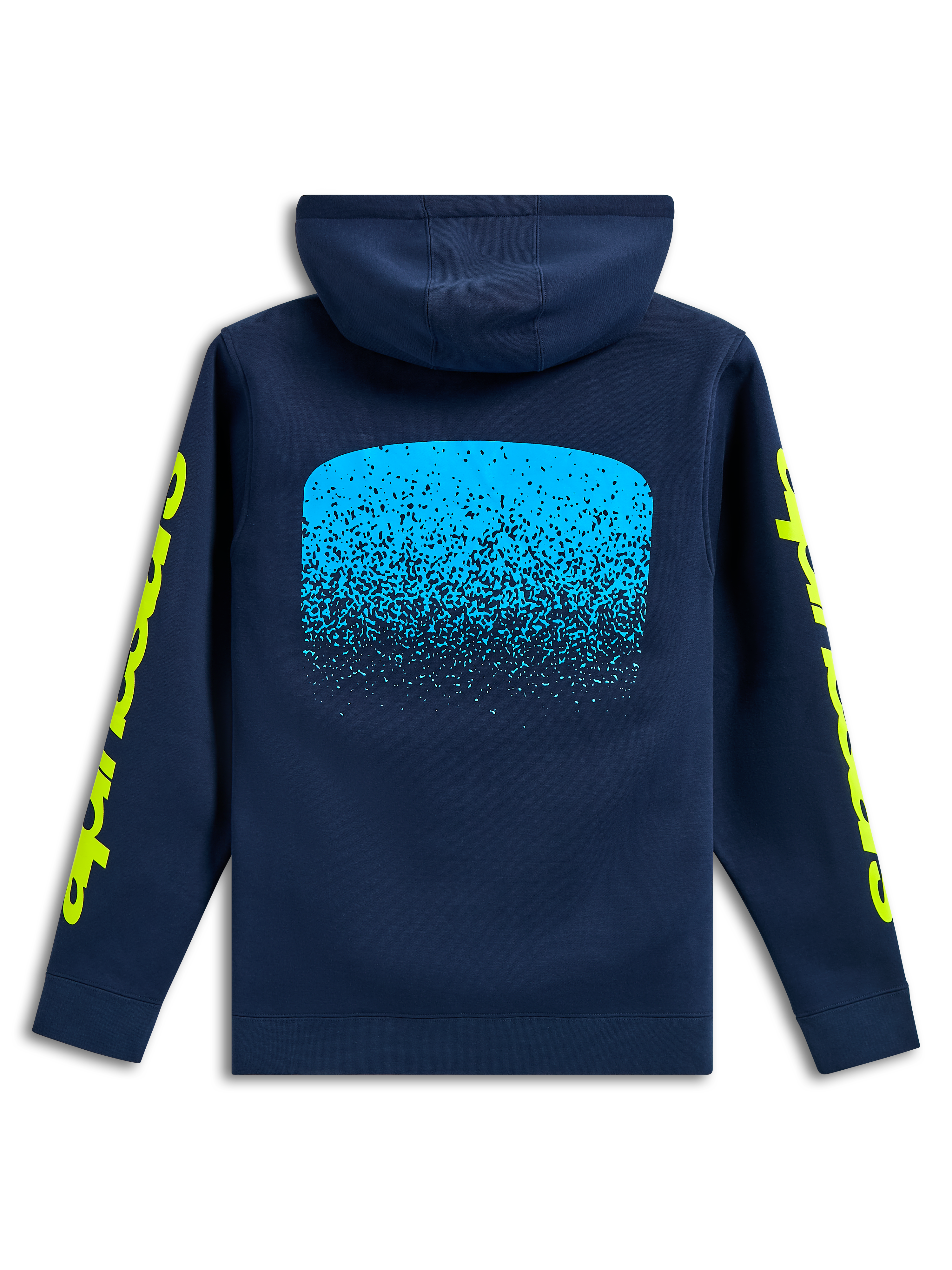 Alpinestars Obsessed Hoodie, widok od tyłu, granatowa, jasnoniebieska grafika z gradacją MX na plecach, żółte napisy Alpinestars na rękawach, codzienna odzież motorsportowa typu streetwear