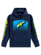 Alpinestars Obsessed Hoodie, granatowa bluza z kapturem typu pullover, z przodu logo Astars z błękitną grafiką z gradacją MX, limonkowe logotypy na rękawach, kaptur ze sznurkiem i kieszeń typu kangurka, design inspirowany sportami motorowymi