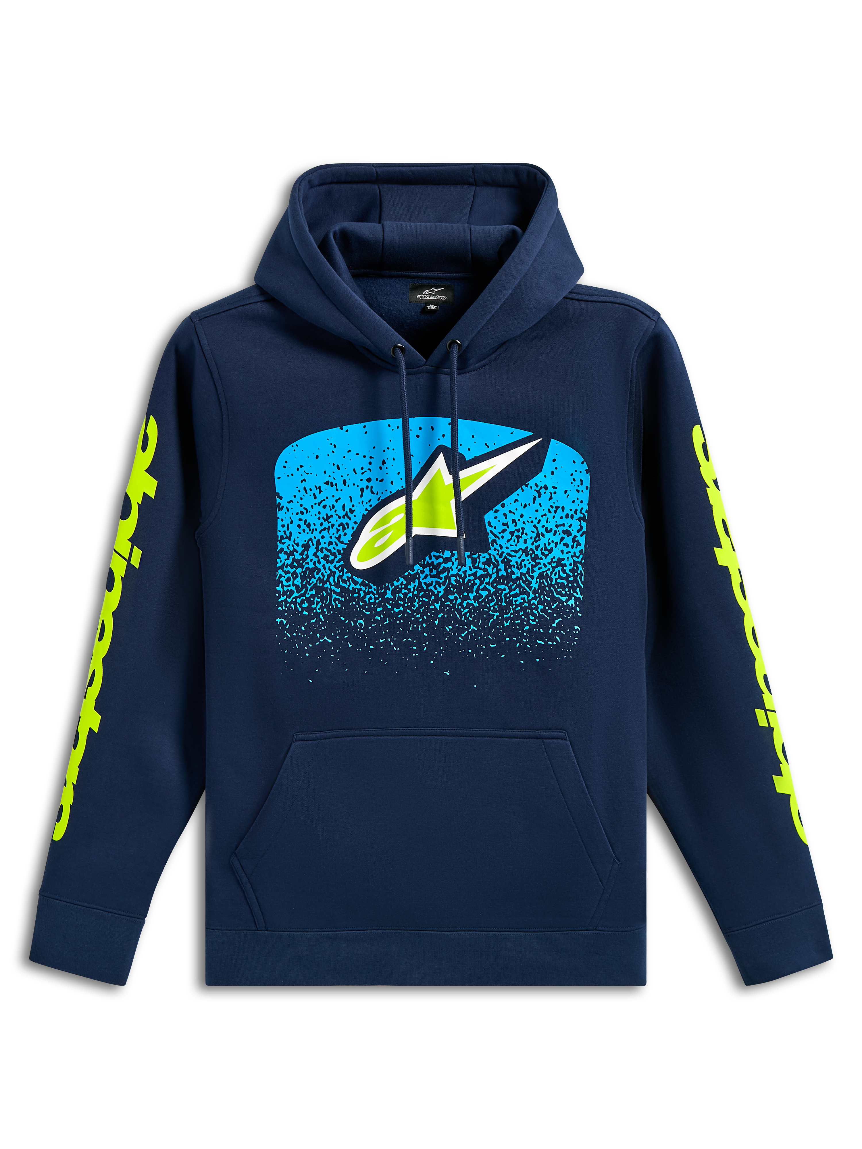 Alpinestars Obsessed Hoodie, granatowa bluza z kapturem typu pullover, z przodu logo Astars z błękitną grafiką z gradacją MX, limonkowe logotypy na rękawach, kaptur ze sznurkiem i kieszeń typu kangurka, design inspirowany sportami motorowymi