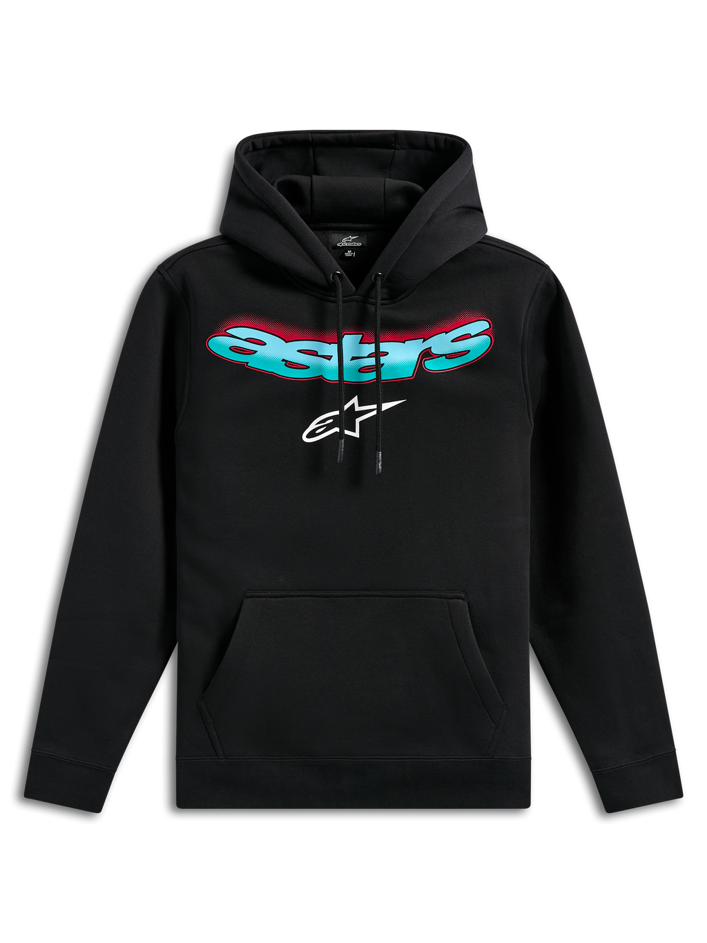 Alpinestars Ellipsoid Hoodie, czarna bluza z polaru, z zakrzywionym napisem Astars z morsko-czerwonym gradientem i białym logo gwiazdy, kaptur ze sznurkiem, kieszeń typu kangurka, codzienna odzież uliczna inspirowana sportami motorowymi