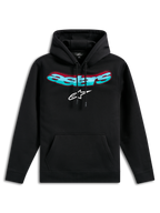 Alpinestars Ellipsoid Hoodie, czarna bluza z polaru, z zakrzywionym napisem Astars z morsko-czerwonym gradientem i białym logo gwiazdy, kaptur ze sznurkiem, kieszeń typu kangurka, codzienna odzież uliczna inspirowana sportami motorowymi