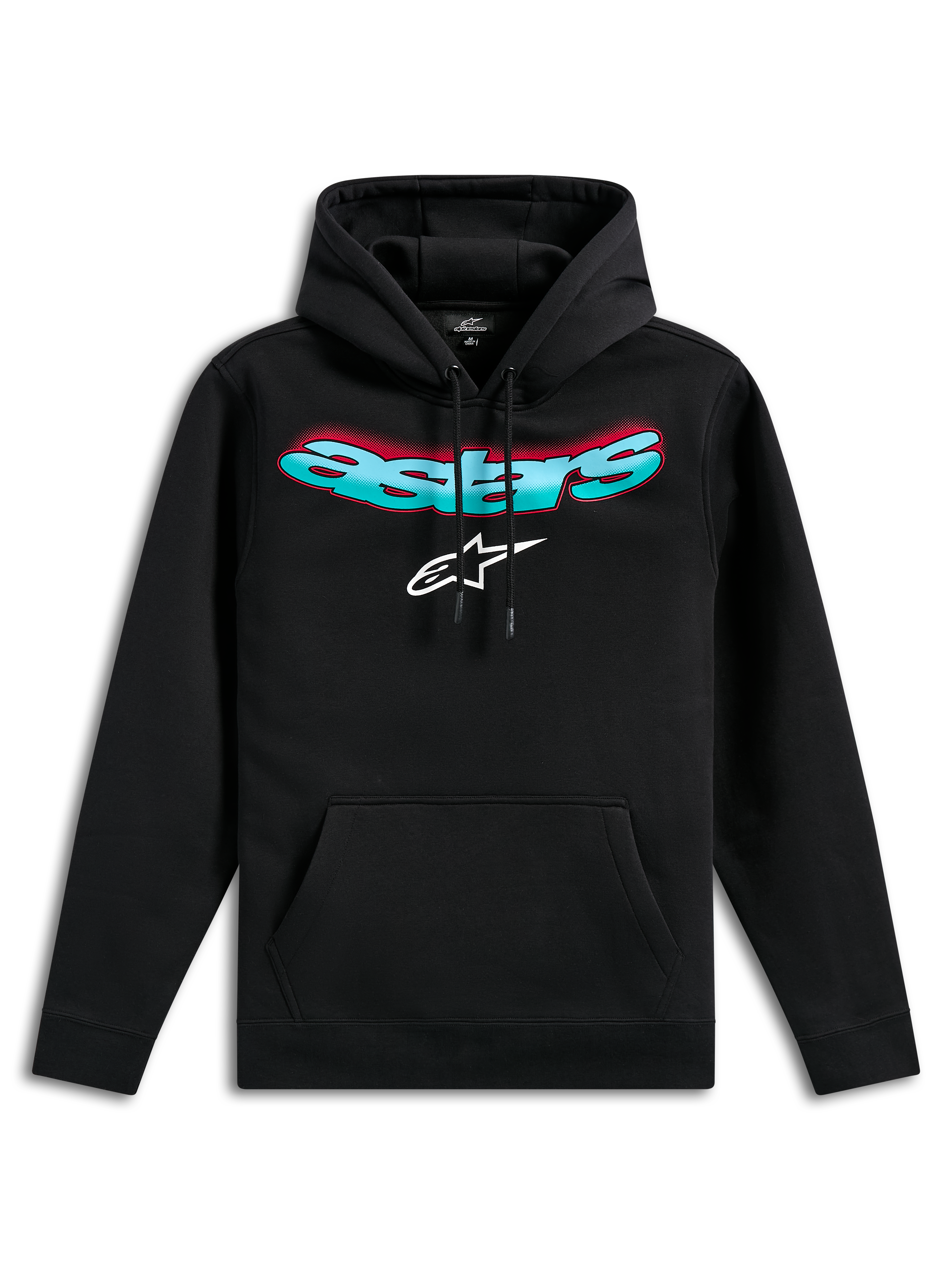 Alpinestars Ellipsoid Hoodie, czarna bluza z polaru, z zakrzywionym napisem Astars z morsko-czerwonym gradientem i białym logo gwiazdy, kaptur ze sznurkiem, kieszeń typu kangurka, codzienna odzież uliczna inspirowana sportami motorowymi