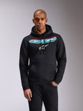 Alpinestars Ellipsoid Hoodie, czarna bluza z polaru typu pullover, napis Astars z gradientem w kolorach turkusowym i różowym oraz białe logo z gwiazdą na piersi, kaptur ze sznurkiem, kieszeń typu kangurka, codzienna odzież sportowa