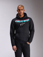 Alpinestars Ellipsoid Hoodie, czarna bluza z polaru typu pullover, napis Astars z gradientem w kolorach turkusowym i różowym oraz białe logo z gwiazdą na piersi, kaptur ze sznurkiem, kieszeń typu kangurka, codzienna odzież sportowa