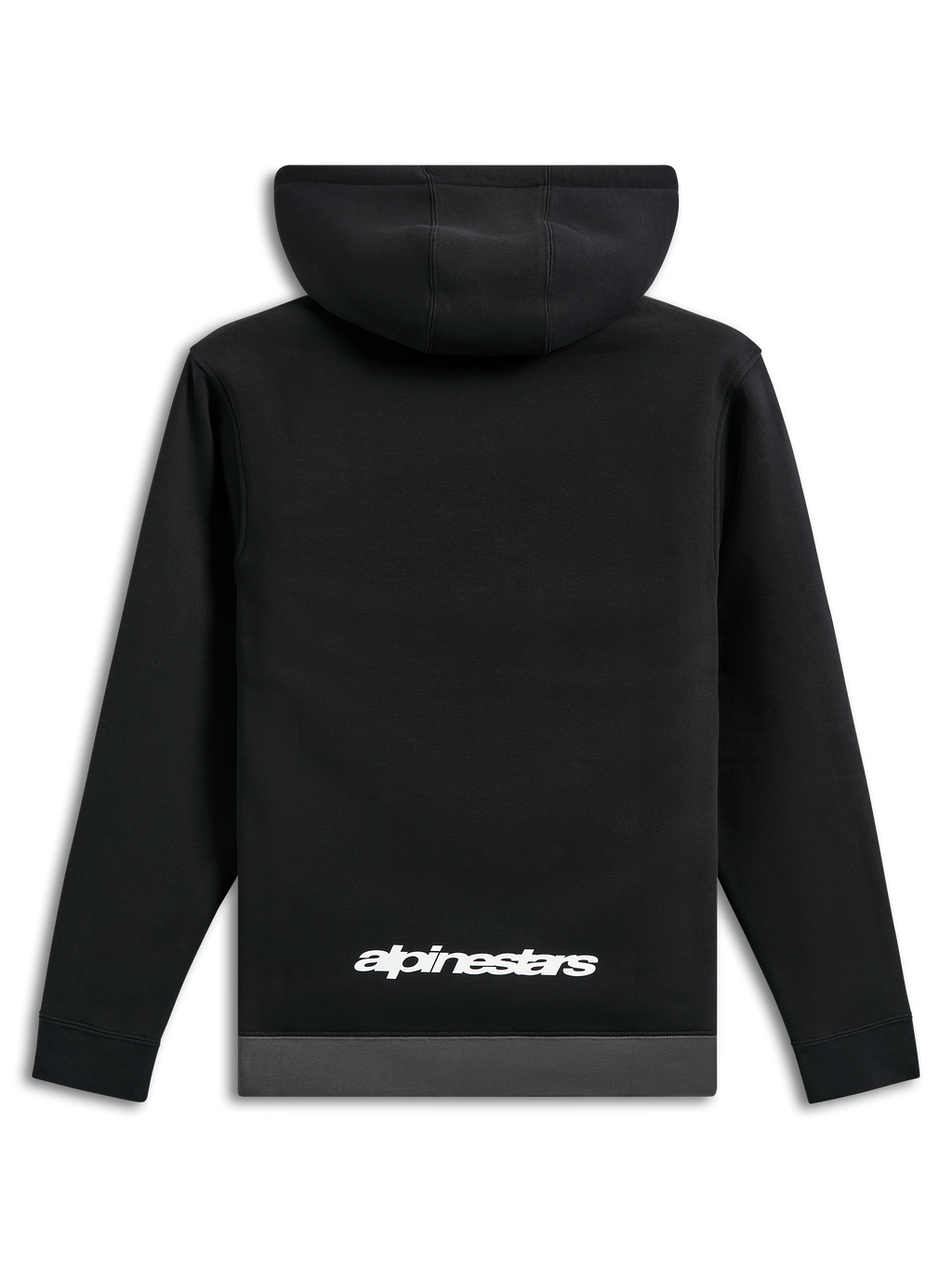 Alpinestars Parallel Hoodie, back view, black with a gunmetal grey hem, white Alpinestars word logo on the lower back, casual motorsport-inspired streetwear, long sleeves with ribbed cuffs