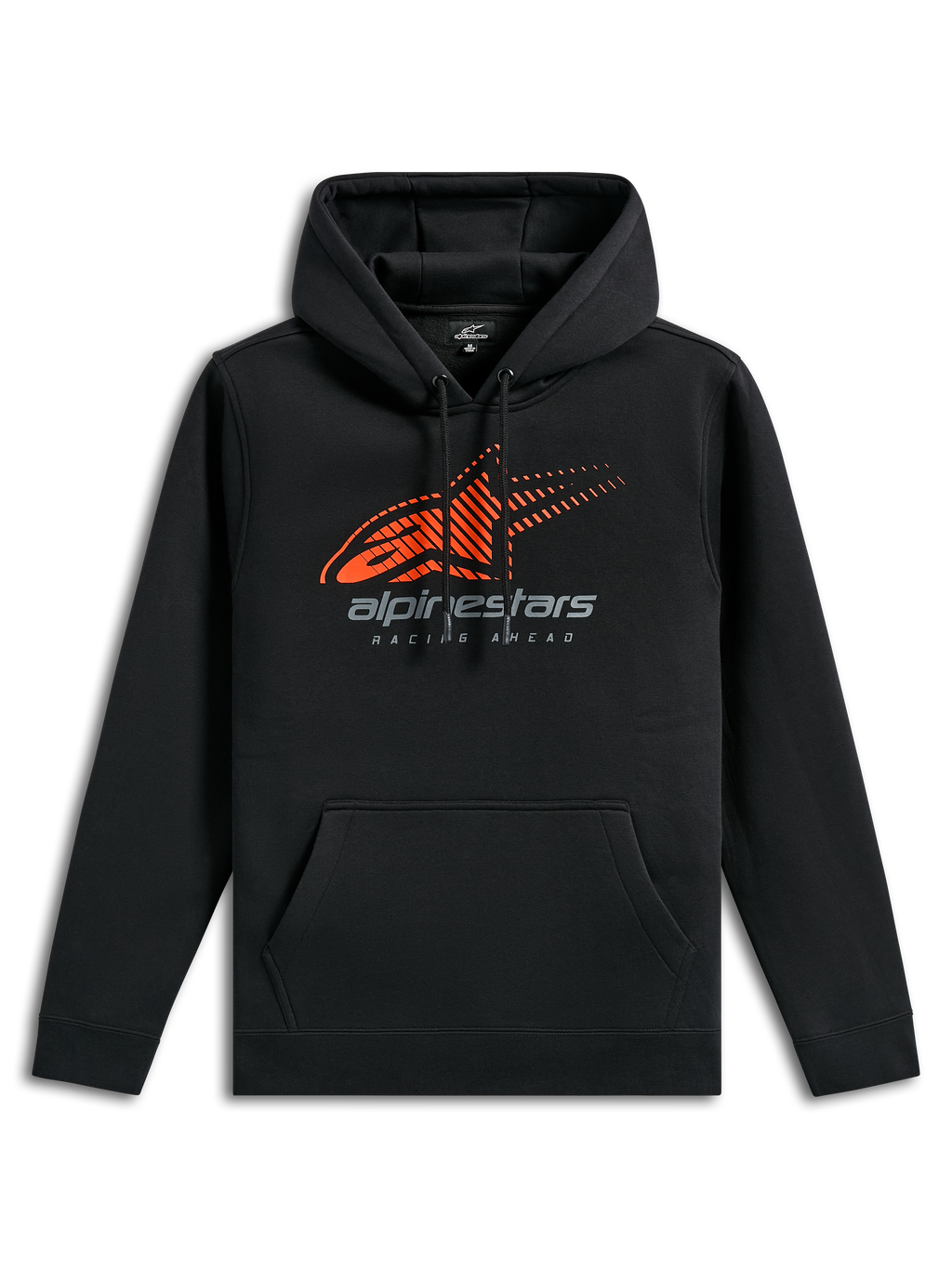 Alpinestars Pulse Hoodie, czarna bluza sportowa typu casual, z pomarańczowym logo Astars z efektem przenikania linii na piersi, szarym brandingiem Alpinestars, przednią kieszenią typu kangurka i kapturem ze sznurkiem