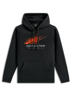 Alpinestars Pulse Hoodie, czarna bluza sportowa typu casual, z pomarańczowym logo Astars z efektem przenikania linii na piersi, szarym brandingiem Alpinestars, przednią kieszenią typu kangurka i kapturem ze sznurkiem