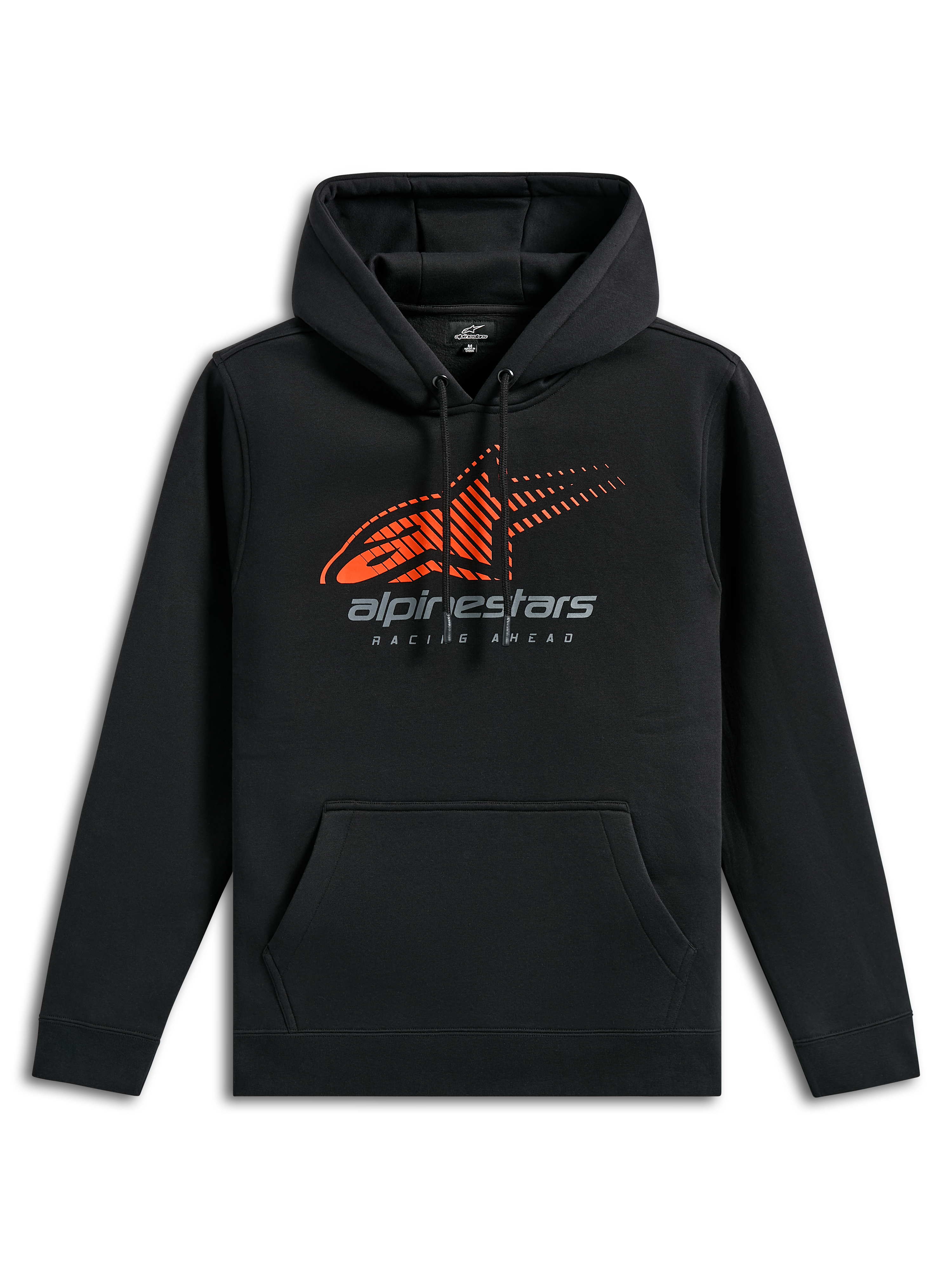 Alpinestars Pulse Hoodie, czarna bluza sportowa typu casual, z pomarańczowym logo Astars z efektem przenikania linii na piersi, szarym brandingiem Alpinestars, przednią kieszenią typu kangurka i kapturem ze sznurkiem