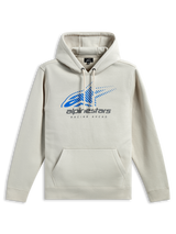 Alpinestars Pulse Hoodie, bluza typu streetwear, złamana biel z niebieskim logo Astars i szarymi detalami, przednia kieszeń typu kangurka, kaptur ze sznurkami, długie rękawy, nowoczesny design inspirowany motorsportem