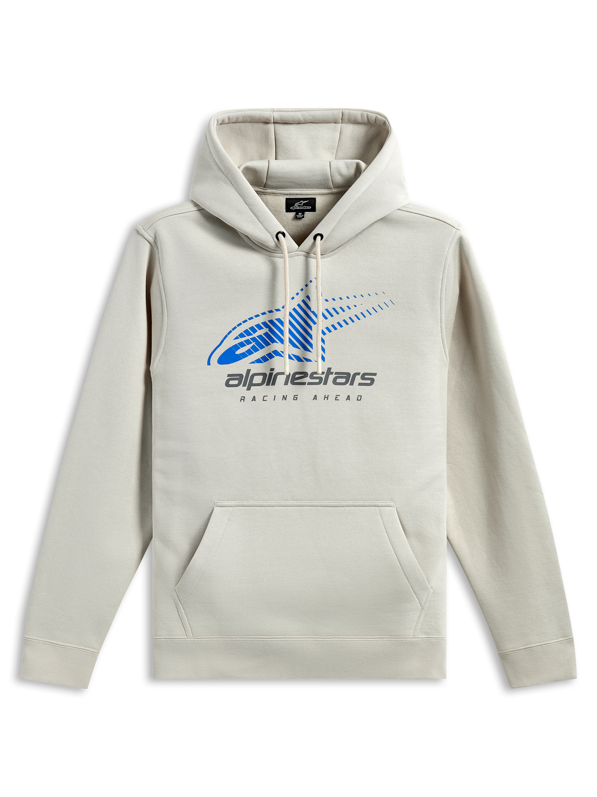 Alpinestars Pulse Hoodie, bluza typu streetwear, złamana biel z niebieskim logo Astars i szarymi detalami, przednia kieszeń typu kangurka, kaptur ze sznurkami, długie rękawy, nowoczesny design inspirowany motorsportem