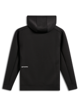 Alpinestars Cypher Hoodie, widok z tyłu, czarna, codzienna bluza z kapturem z dwustronnego polaru zapinana na zamek, małe białe logo Alpinestars na dole pleców, kaptur z podszewką z siateczki, nowoczesny design inspirowany sportami motorowymi