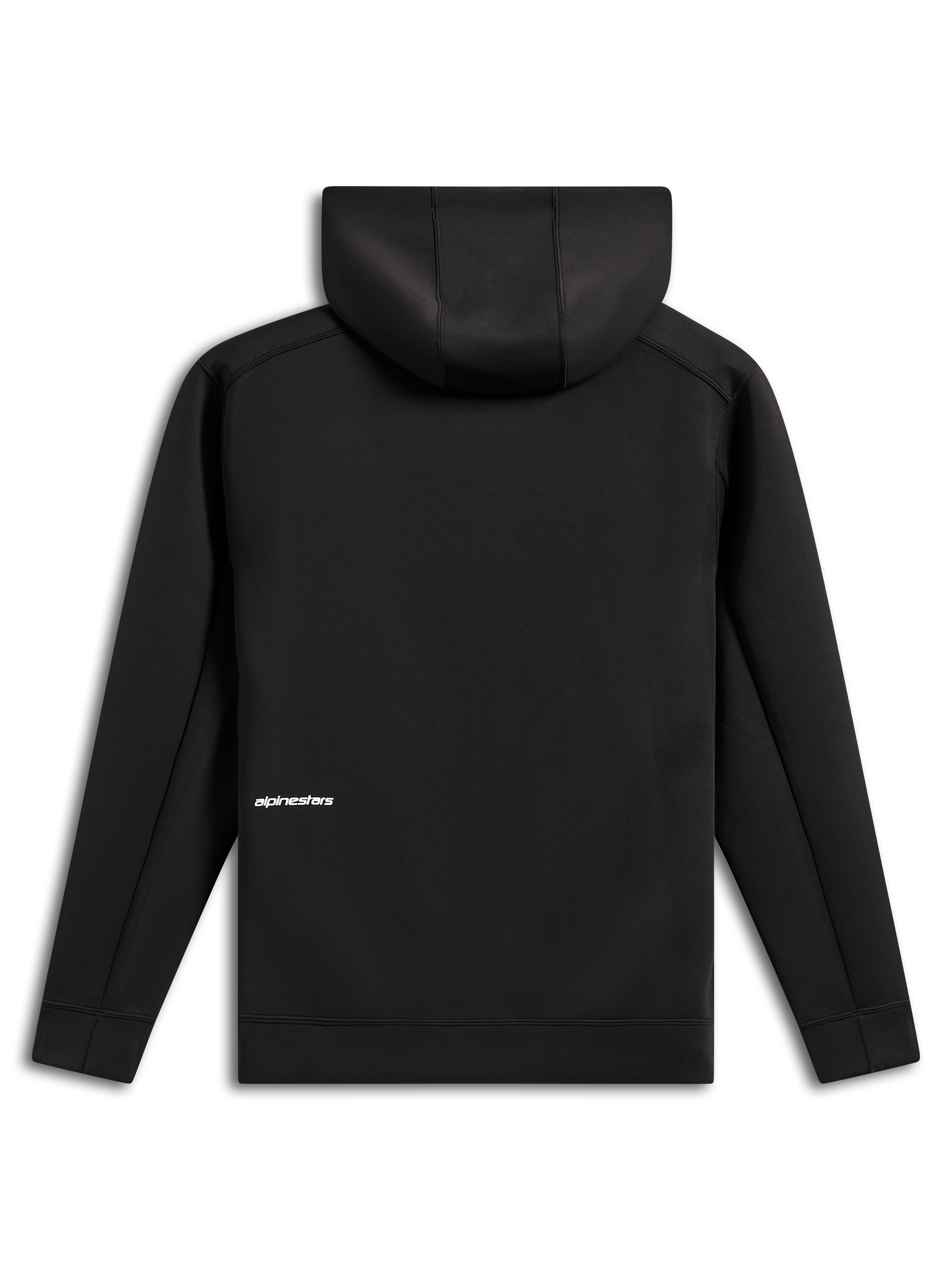 Alpinestars Cypher Hoodie, widok z tyłu, czarna, codzienna bluza z kapturem z dwustronnego polaru zapinana na zamek, małe białe logo Alpinestars na dole pleców, kaptur z podszewką z siateczki, nowoczesny design inspirowany sportami motorowymi