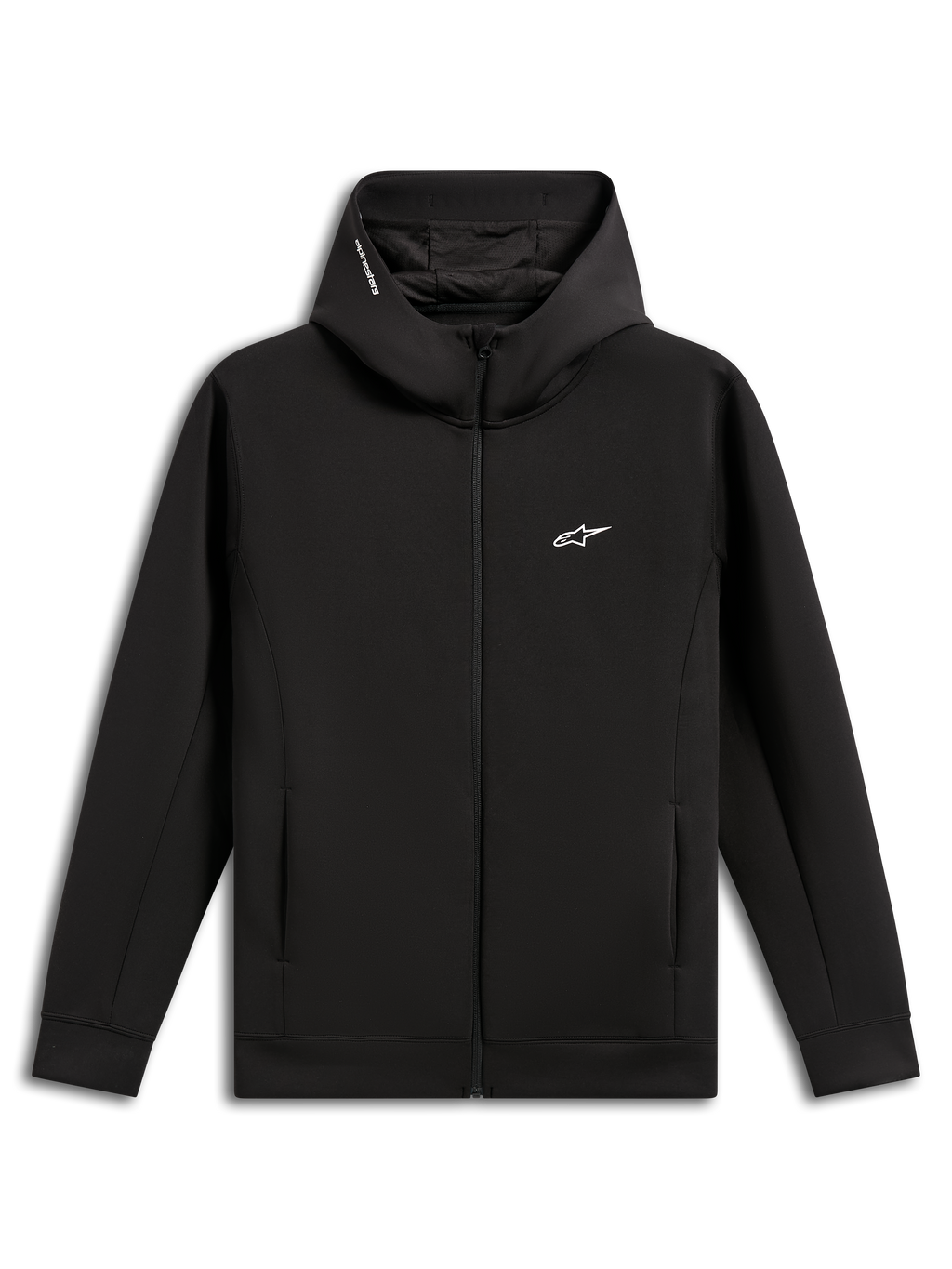 Alpinestars Cypher Hoodie, czarna, rozpinana bluza z dwustronnego polaru, wysoki kaptur z podszewką z siateczki i napisem Alpinestars, małe białe logo Astars na piersi, kieszenie wpuszczane w szwy, codzienna odzież uliczna inspirowana motorsportem