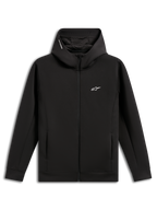 Alpinestars Cypher Hoodie, czarna, rozpinana bluza z dwustronnego polaru, wysoki kaptur z podszewką z siateczki i napisem Alpinestars, małe białe logo Astars na piersi, kieszenie wpuszczane w szwy, codzienna odzież uliczna inspirowana motorsportem