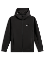 Alpinestars Cypher Hoodie, czarna, rozpinana bluza z dwustronnego polaru, wysoki kaptur z podszewką z siateczki i napisem Alpinestars, małe białe logo Astars na piersi, kieszenie wpuszczane w szwy, codzienna odzież uliczna inspirowana motorsportem