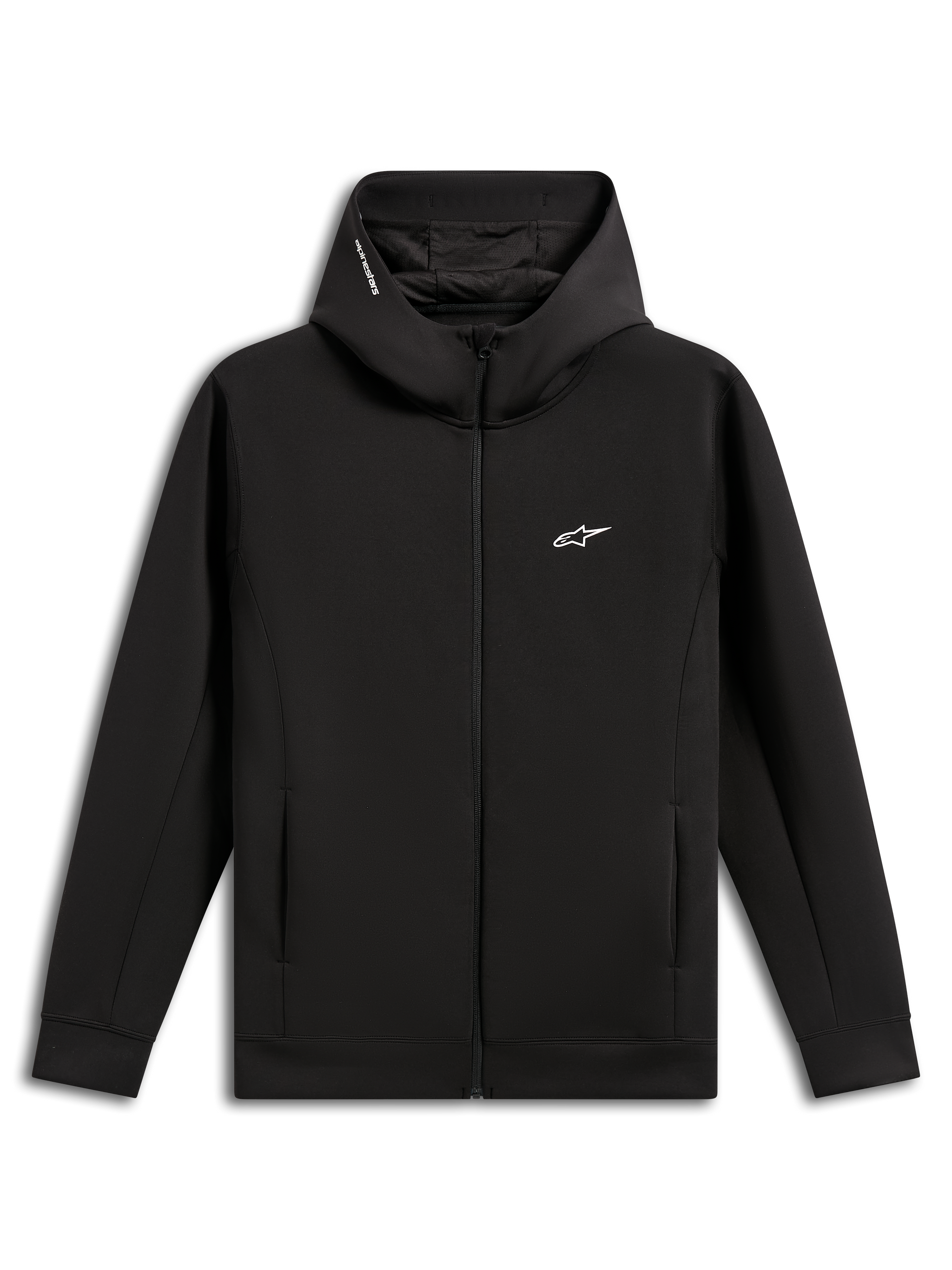 Alpinestars Cypher Hoodie, czarna, rozpinana bluza z dwustronnego polaru, wysoki kaptur z podszewką z siateczki i napisem Alpinestars, małe białe logo Astars na piersi, kieszenie wpuszczane w szwy, codzienna odzież uliczna inspirowana motorsportem