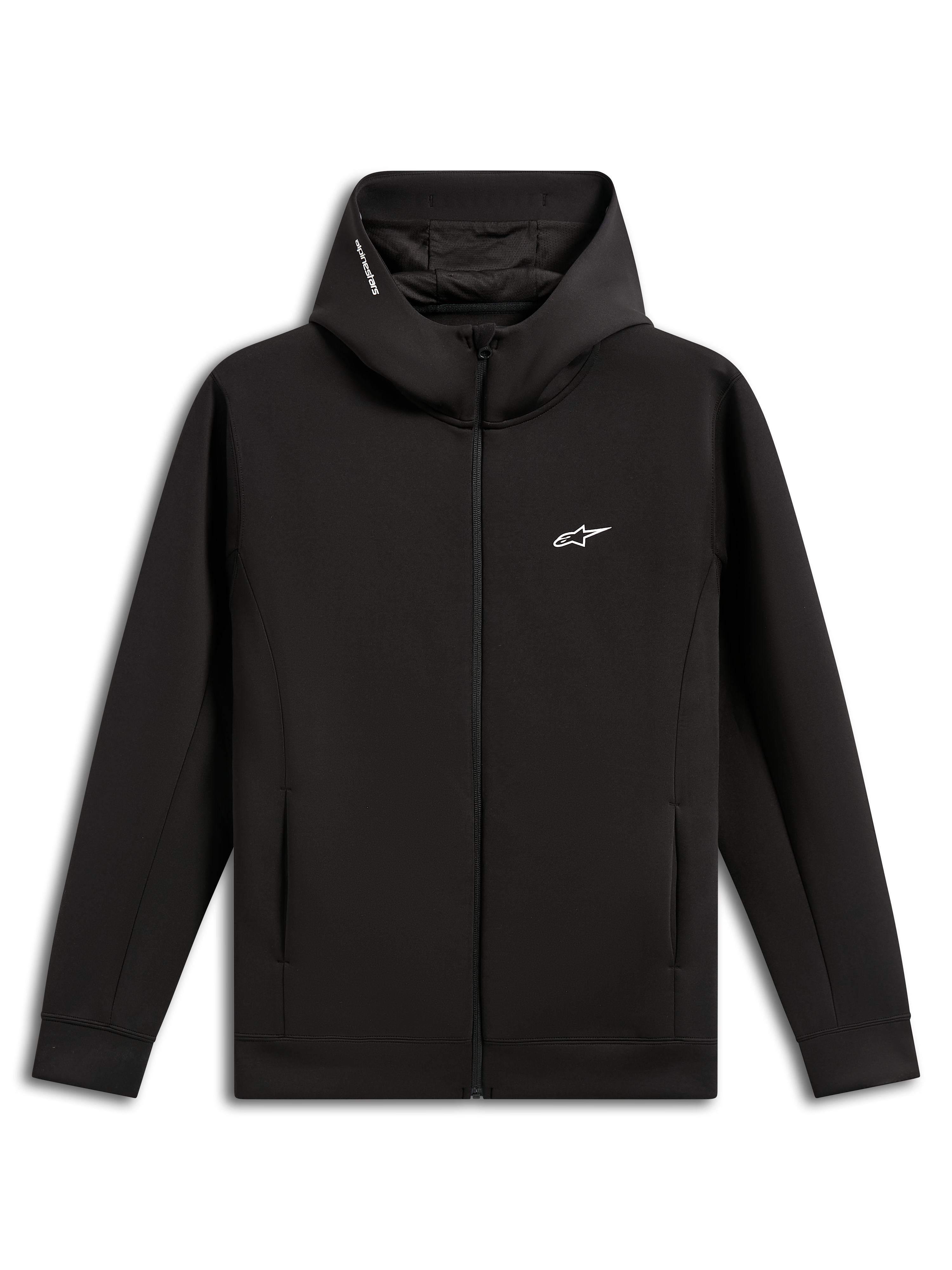 Alpinestars Cypher Hoodie, czarna, rozpinana bluza z dwustronnego polaru, wysoki kaptur z podszewką z siateczki i napisem Alpinestars, małe białe logo Astars na piersi, kieszenie wpuszczane w szwy, codzienna odzież uliczna inspirowana motorsportem