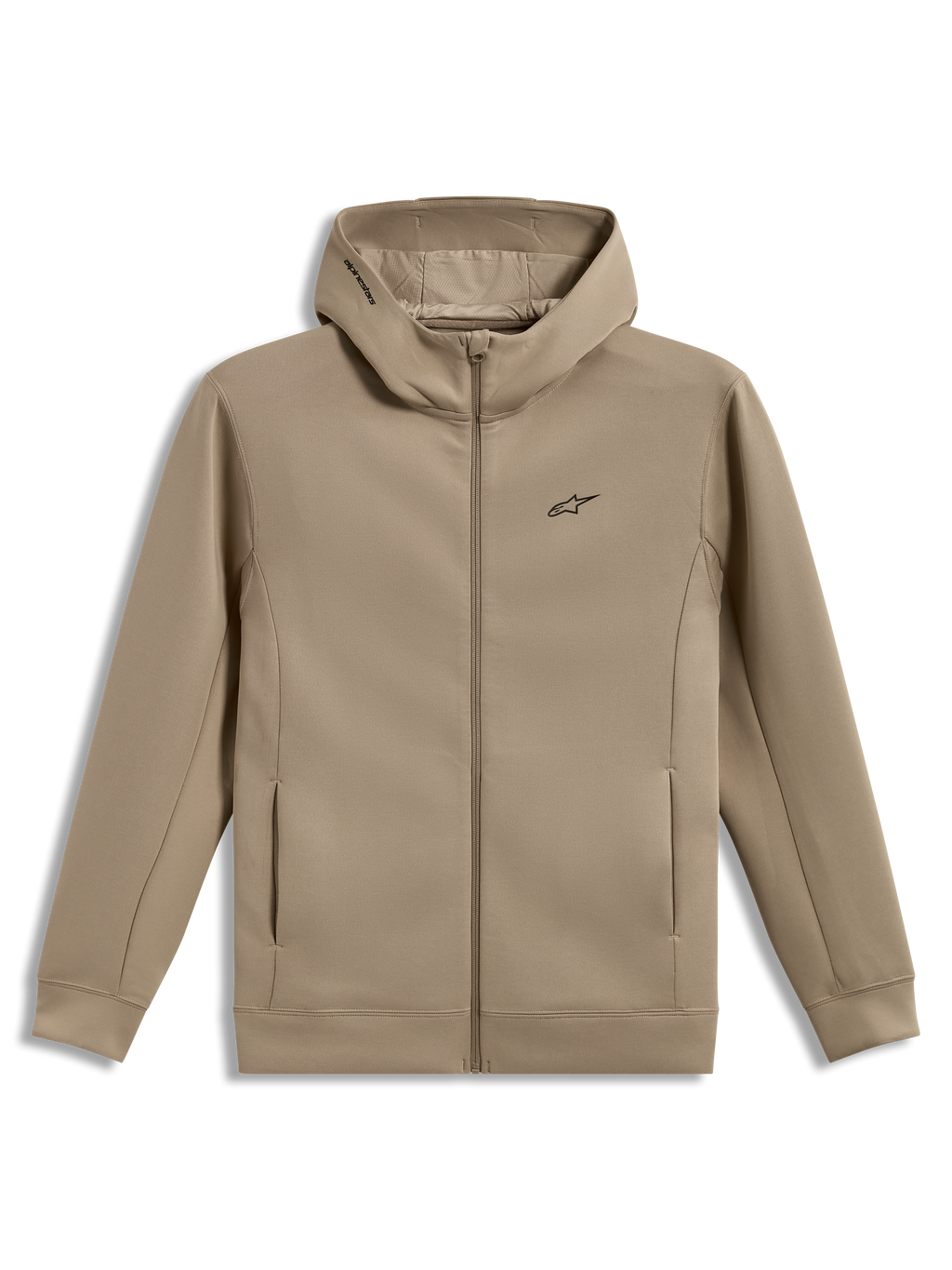 Alpinestars Cypher Hoodie, beżowa bluza z polaru z kapturem na zamek, wysoki kołnierz z siatką, logo Astars, styl sportowy.