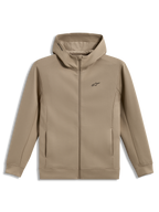 Alpinestars Cypher Hoodie, beżowa bluza z polaru z kapturem na zamek, wysoki kołnierz z siatką, logo Astars, styl sportowy.