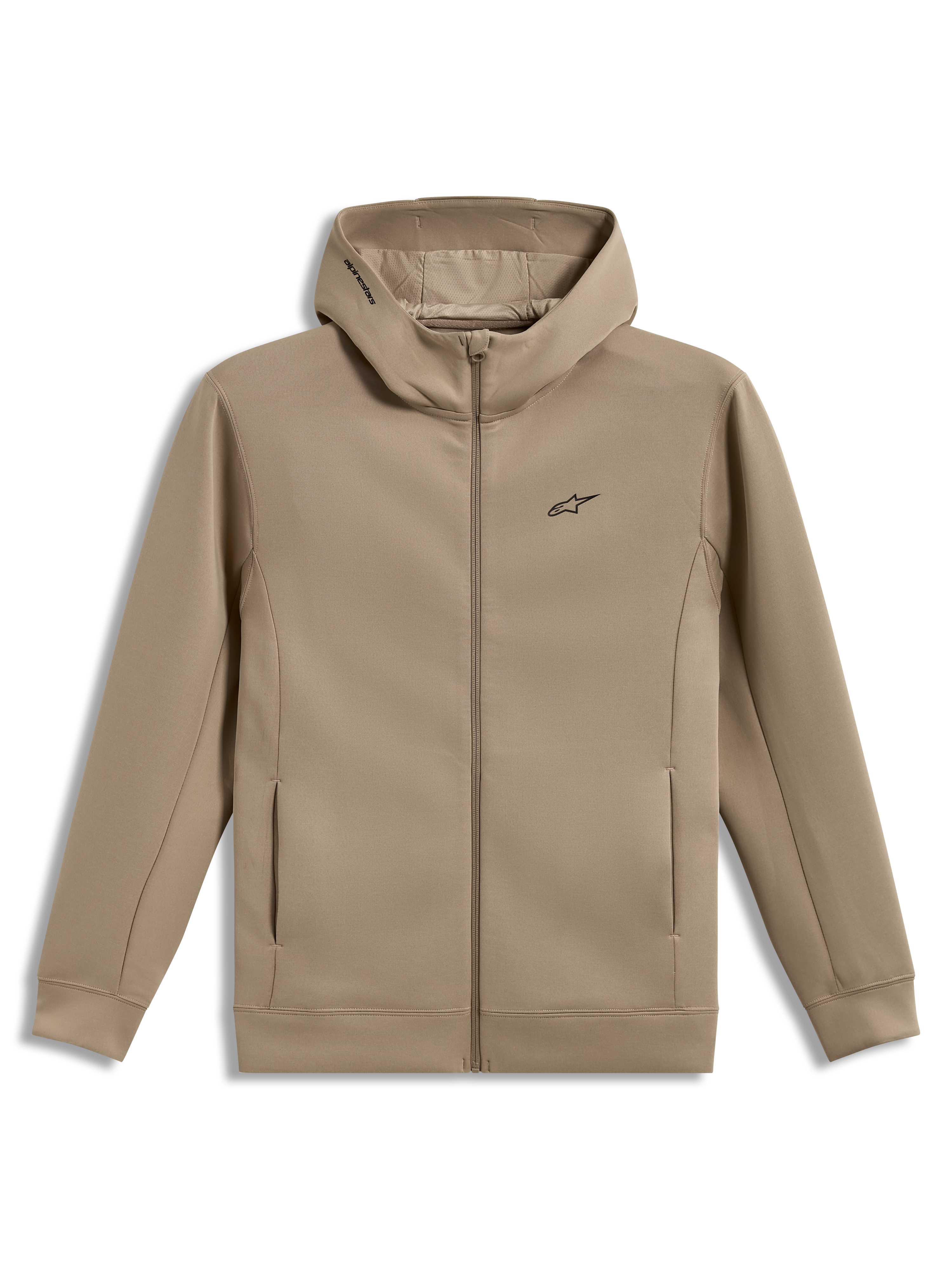 Alpinestars Cypher Hoodie, beżowa bluza z polaru z kapturem na zamek, wysoki kołnierz z siatką, logo Astars, styl sportowy.