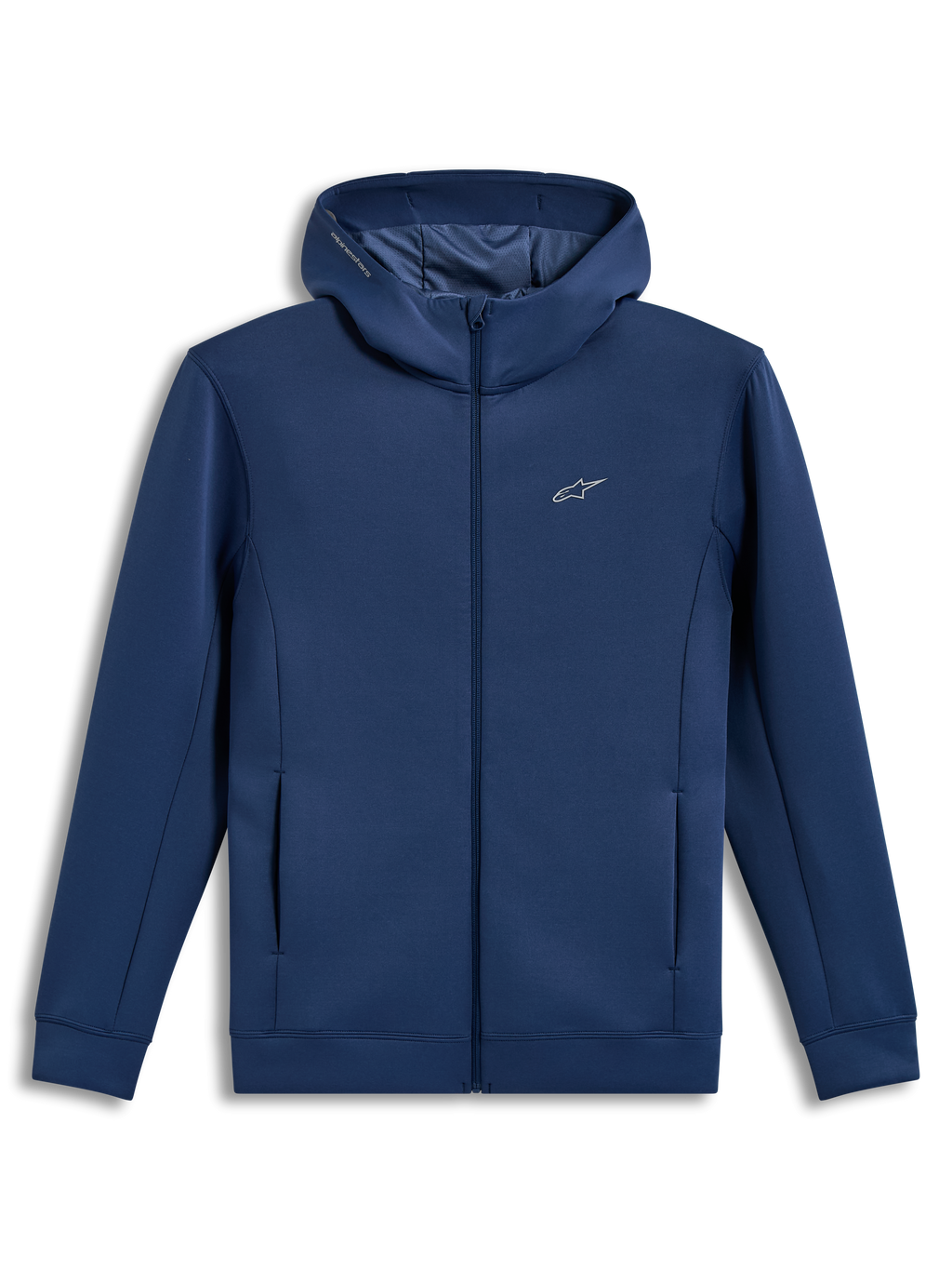 Alpinestars Cypher Hoodie, stalowoniebieska bluza z kapturem zapinana na zamek, polarowa dzianina tri-blend, wysoki kaptur z siatkową podszewką i kieszenie, logo Astars na piersi.