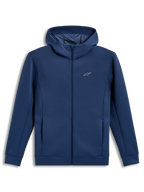 Alpinestars Cypher Hoodie, stalowoniebieska bluza z kapturem zapinana na zamek, polarowa dzianina tri-blend, wysoki kaptur z siatkową podszewką i kieszenie, logo Astars na piersi.