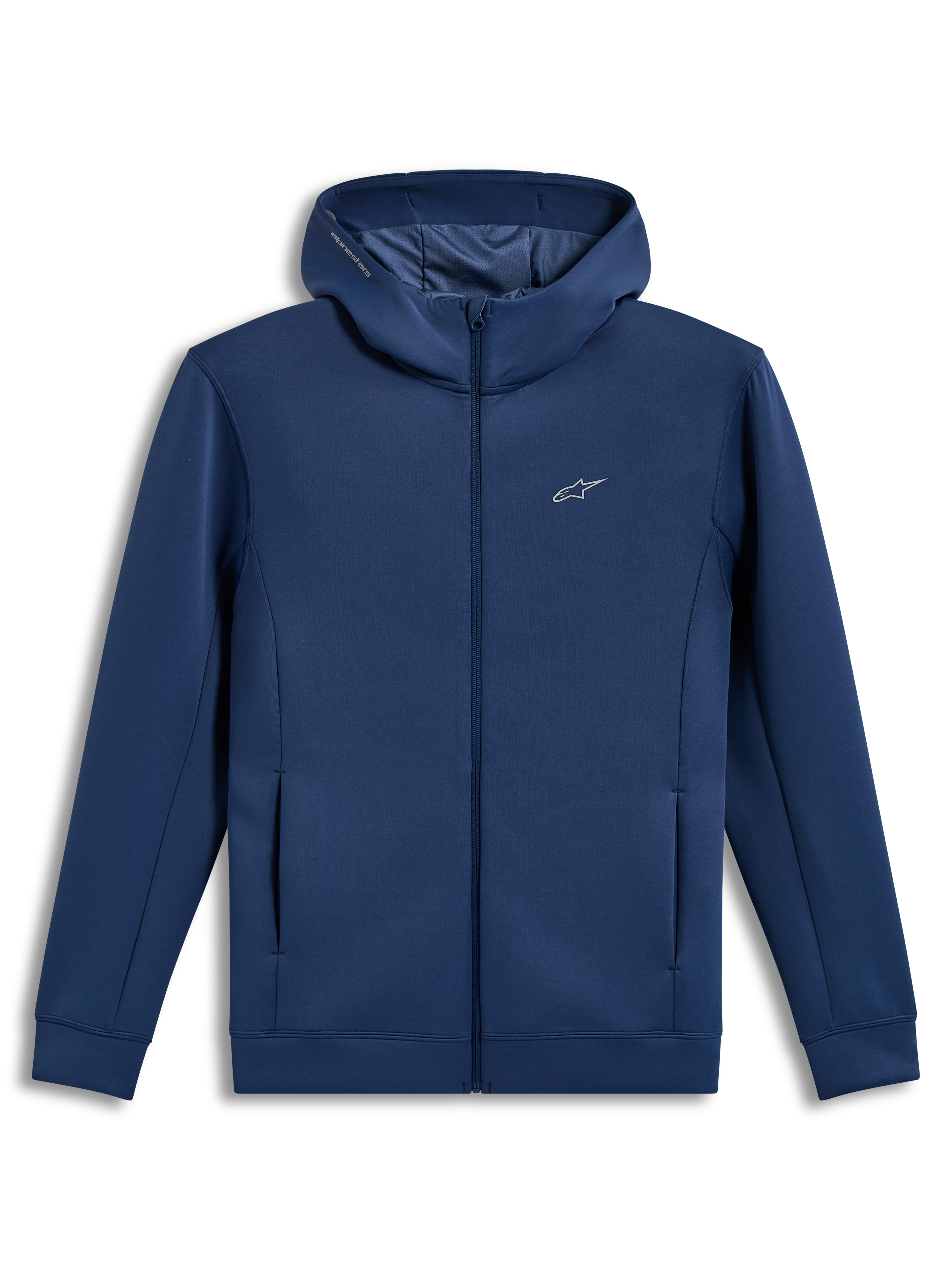 Alpinestars Cypher Hoodie, stalowoniebieska bluza z kapturem zapinana na zamek, polarowa dzianina tri-blend, wysoki kaptur z siatkową podszewką i kieszenie, logo Astars na piersi.