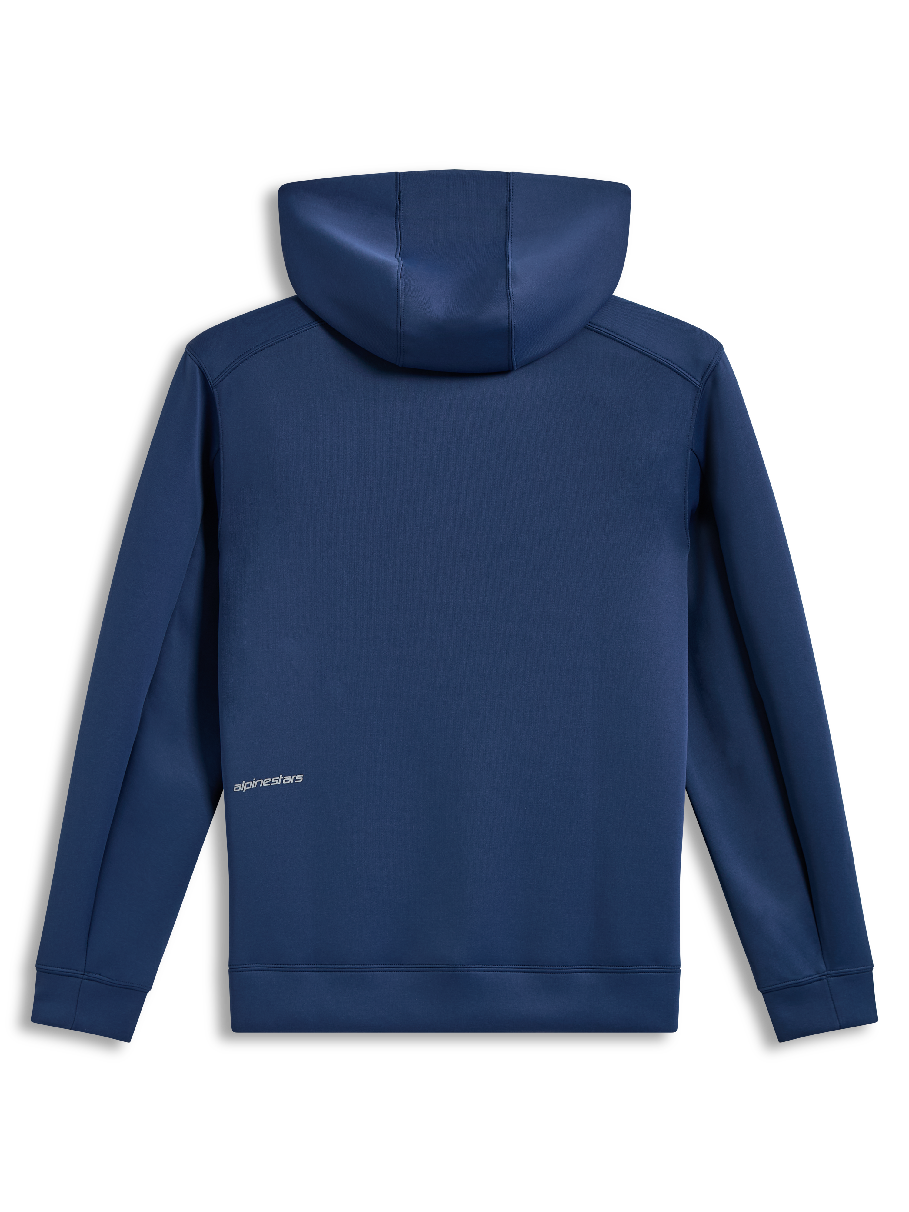 Alpinestars Cypher Hoodie, stalowoniebieska bluza z kapturem z polaru tri-blend, widok z tyłu z logo Alpinestars.