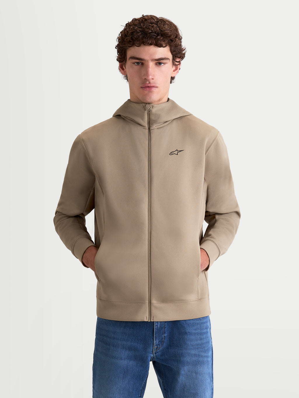 Alpinestars Bluza z kapturem Cypher, męska sportowa bluza z kapturem zapinana na zamek, beżowa, wysoki kaptur, kieszenie w szwach i czarne logo na piersi, styl inspirowany motorsportem.