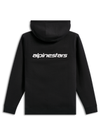 Alpinestars Transverse Hoodie, codzienna odzież streetwear, czarna z białym logotypem Alpinestars na plecach, polarowa bluza z kapturem, prążkowane mankiety i dolny brzeg, nowoczesny design inspirowany sportami motorowymi