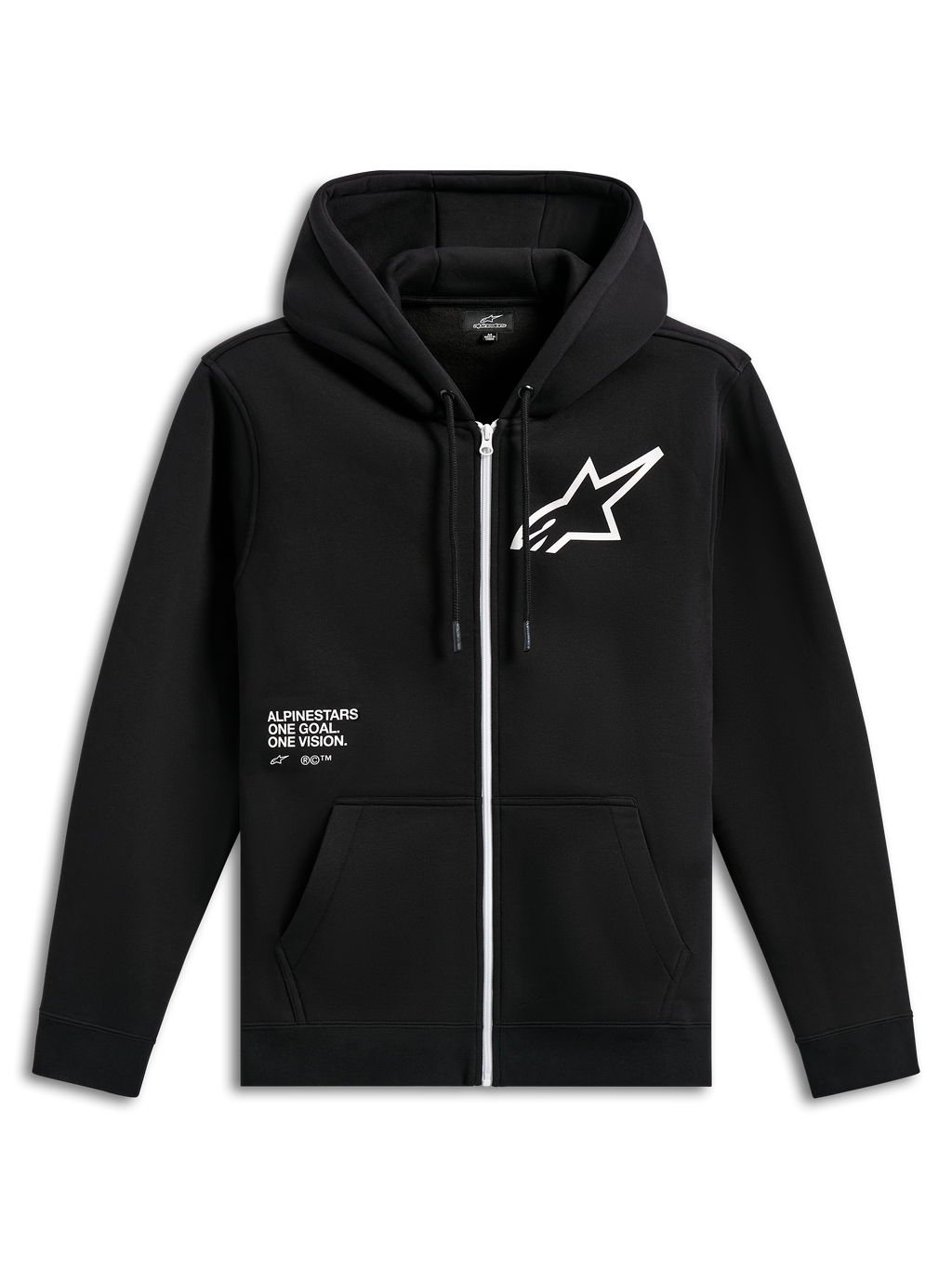 Alpinestars Transverse Hoodie, czarna bluza z polaru zapinana na zamek, biały suwak, duże białe logo Astars na piersi, grafika z napisem „One Goal, One Vision”, kaptur ze sznurkiem, prążkowane mankiety, codzienna odzież streetwearowa w stylu motorsport