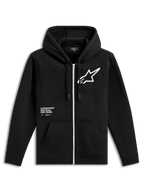 Alpinestars Transverse Hoodie, czarna bluza z polaru zapinana na zamek, biały suwak, duże białe logo Astars na piersi, grafika z napisem „One Goal, One Vision”, kaptur ze sznurkiem, prążkowane mankiety, codzienna odzież streetwearowa w stylu motorsport