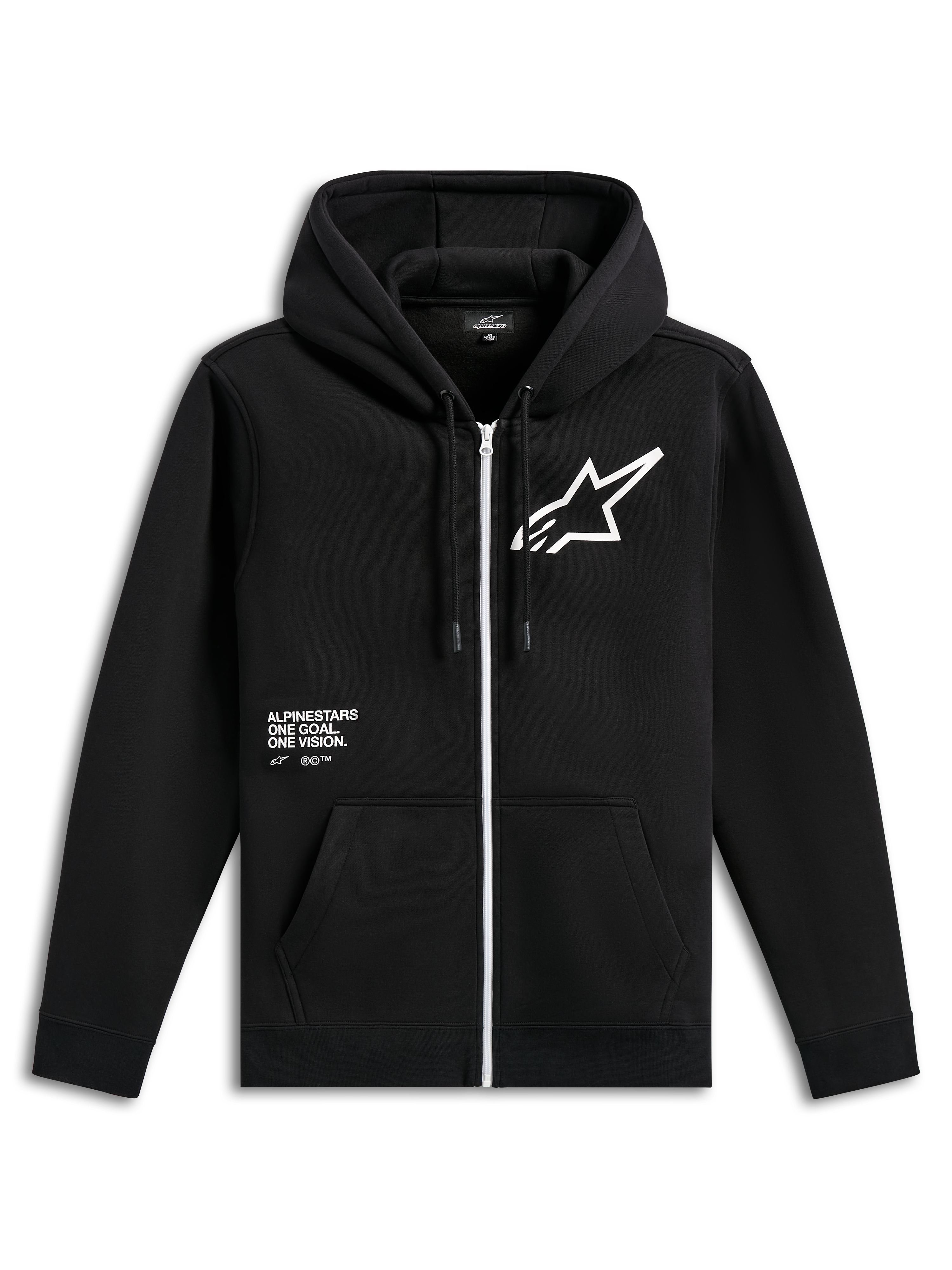 Alpinestars Transverse Hoodie, czarna bluza z polaru zapinana na zamek, biały suwak, duże białe logo Astars na piersi, grafika z napisem „One Goal, One Vision”, kaptur ze sznurkiem, prążkowane mankiety, codzienna odzież streetwearowa w stylu motorsport