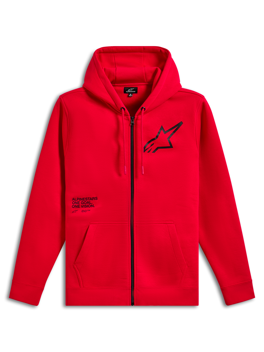 Alpinestars Transverse Hoodie, rozpinana bluza z polaru z kapturem, czerwona, czarne logo Astars na klatce piersiowej z nadrukiem tekstowym One Goal One Vision, kaptur ze sznurkiem, kieszenie typu kangurka, prążkowane mankiety i dół, casualowa odzież streetwear w stylu motorsportowym