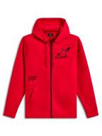Alpinestars Transverse Hoodie, rozpinana bluza z polaru z kapturem, czerwona, czarne logo Astars na klatce piersiowej z nadrukiem tekstowym One Goal One Vision, kaptur ze sznurkiem, kieszenie typu kangurka, prążkowane mankiety i dół, casualowa odzież streetwear w stylu motorsportowym