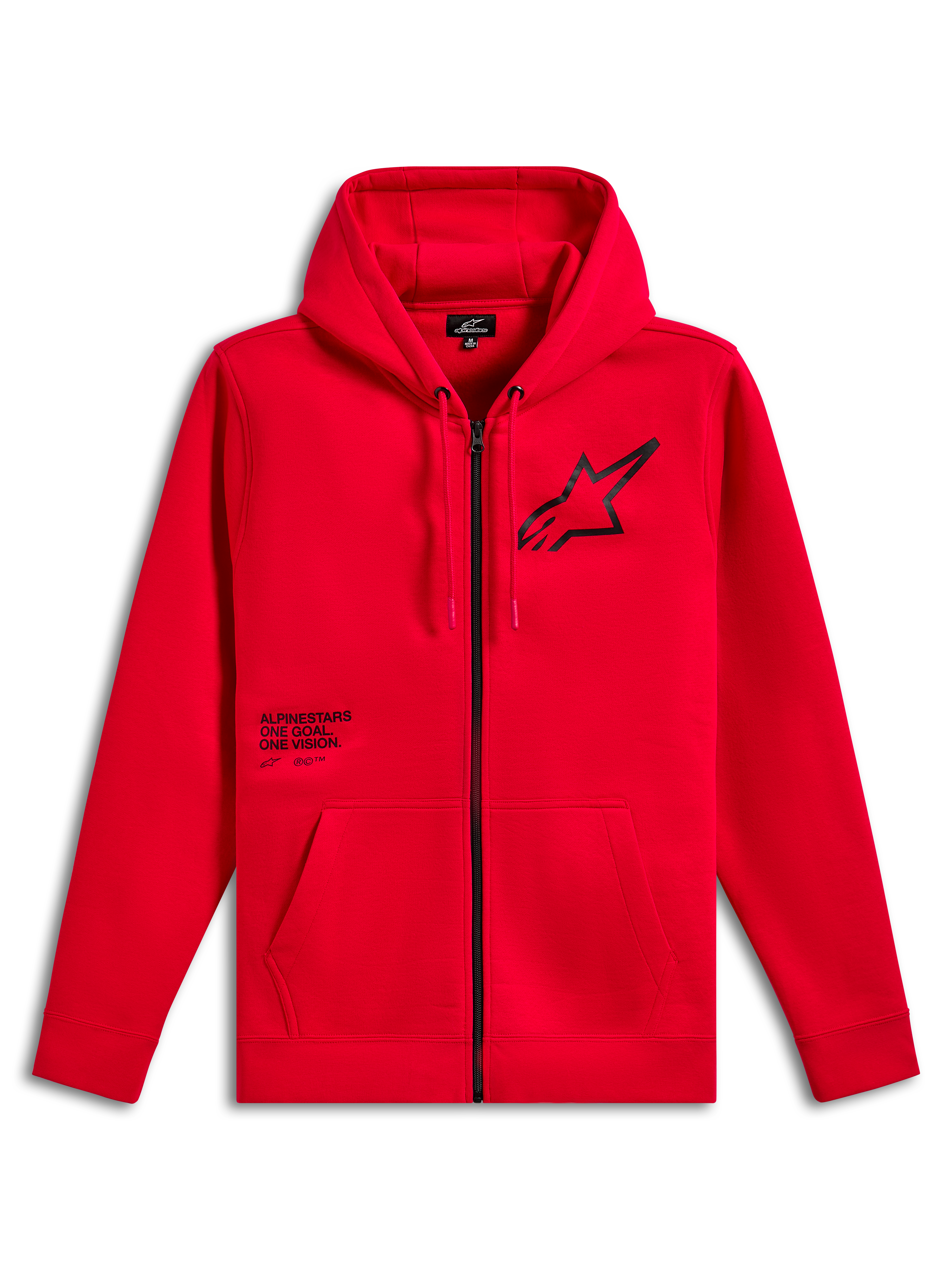 Alpinestars Transverse Hoodie, rozpinana bluza z polaru z kapturem, czerwona, czarne logo Astars na klatce piersiowej z nadrukiem tekstowym One Goal One Vision, kaptur ze sznurkiem, kieszenie typu kangurka, prążkowane mankiety i dół, casualowa odzież streetwear w stylu motorsportowym